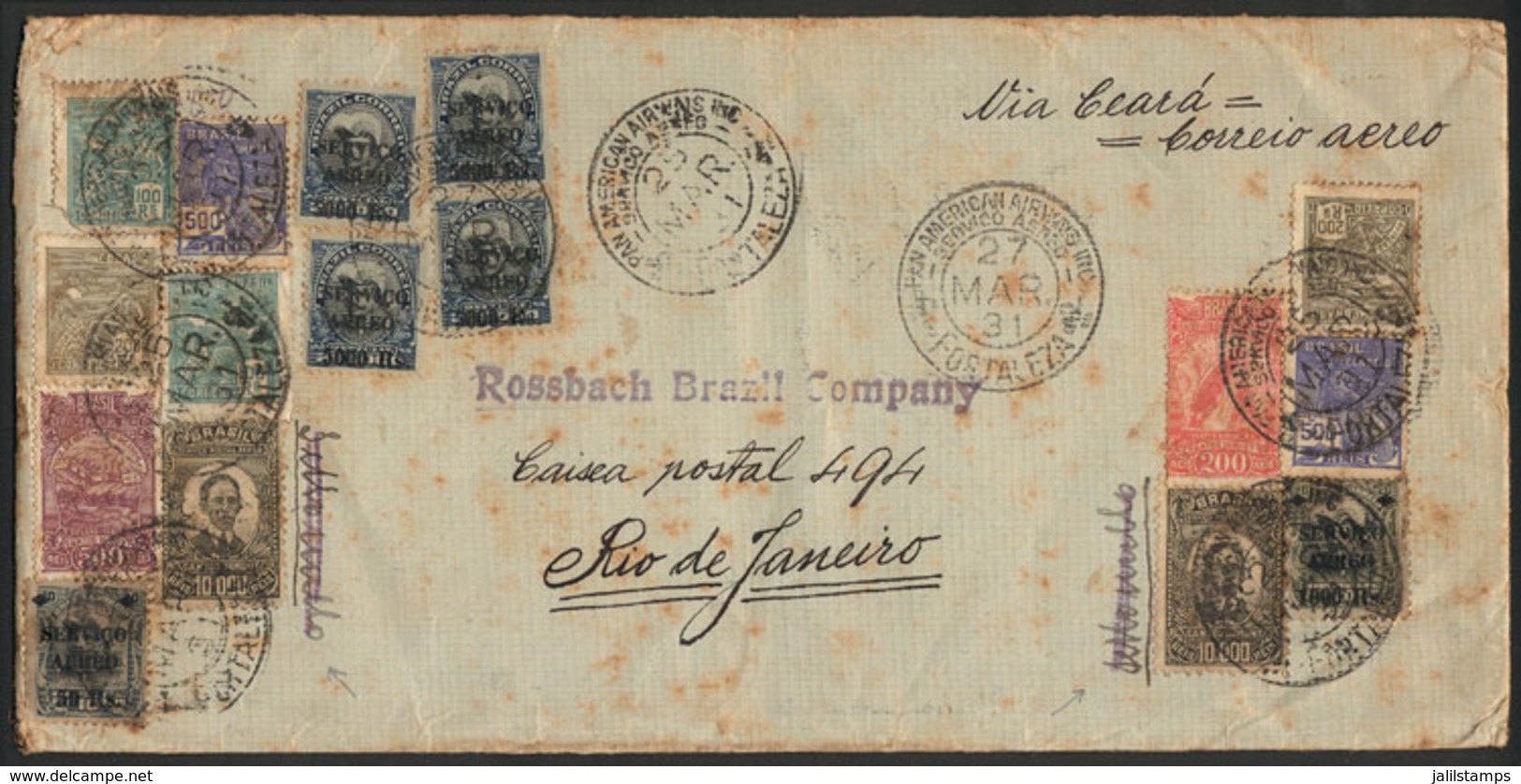 BRAZIL: Airmail Cover Sent From Fortaleza To Rio De Janeiro On 25/MAR/1931 With Spectacular Postage Of 16 Stamps Cancell - Autres & Non Classés