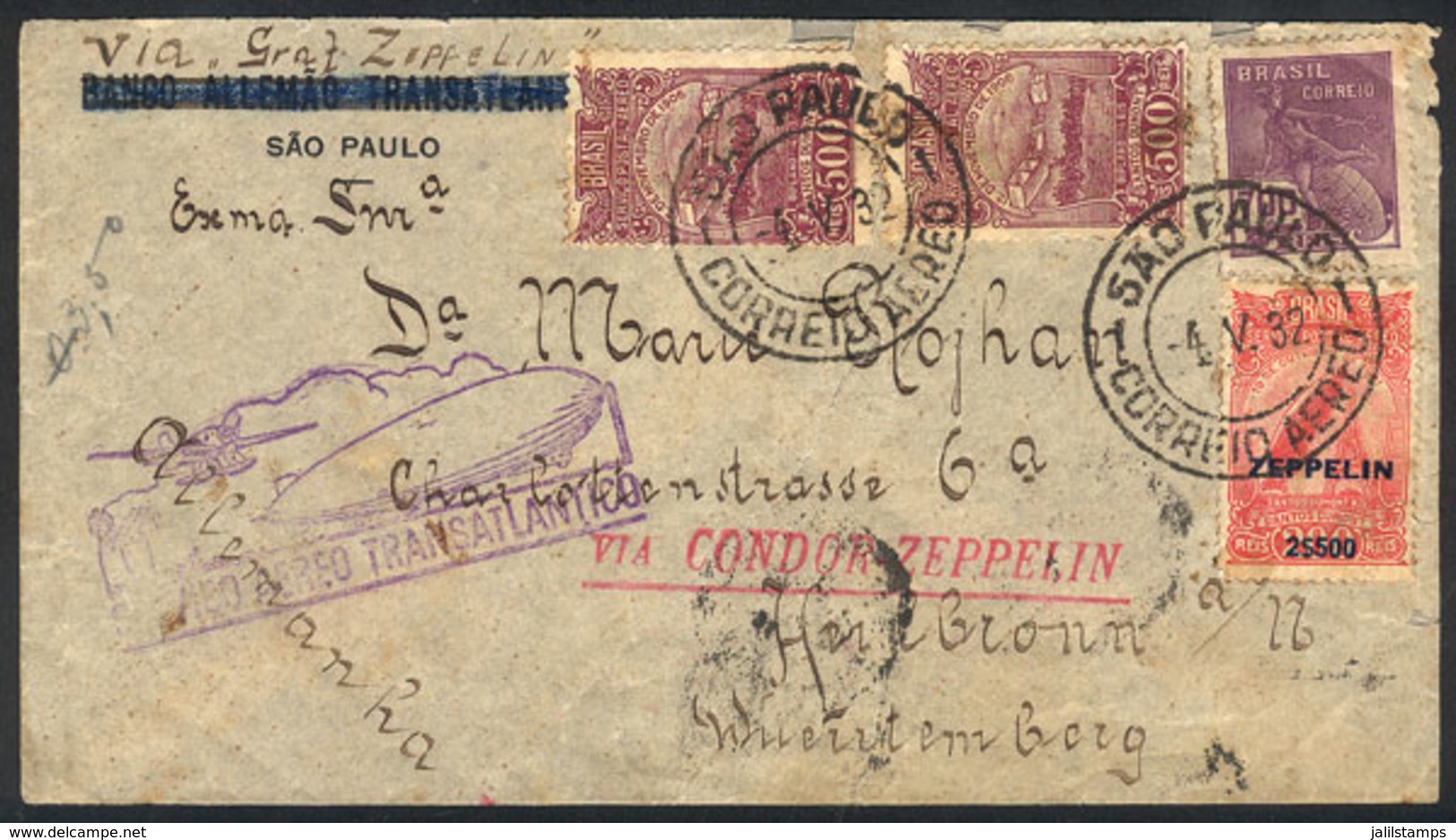 BRAZIL: Cover Flown By ZEPPELIN, Sent From Sao Paulo To Germany On 4/MAY/1932, With Some Defects But Good Appearance! - Autres & Non Classés