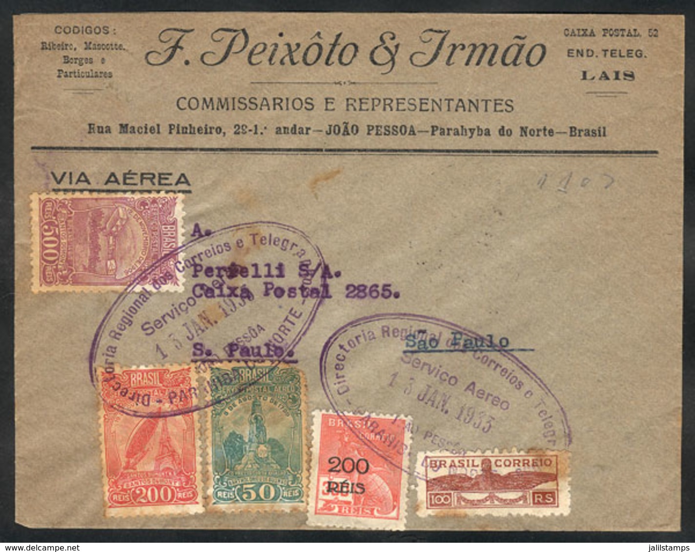 BRAZIL: Airmail Cover Sent From Joao Pessoa To Sao Paulo On 13/JA/1933 With Multicolor Postage, Small Stain Spot, Very N - Autres & Non Classés