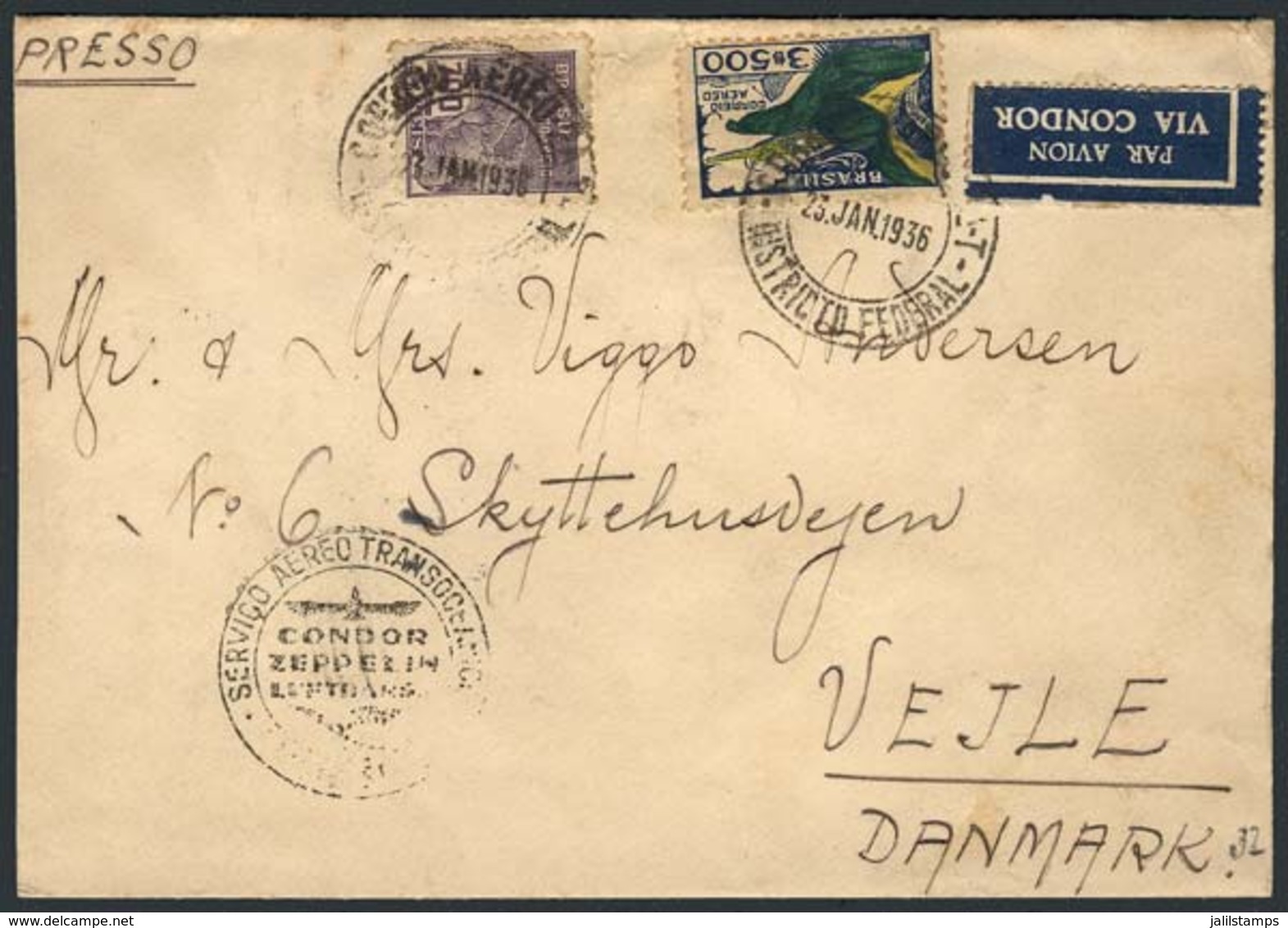 BRAZIL: Airmail Cover Sent From Rio To Denmark On 23/JA/1936, Interesting! - Sonstige & Ohne Zuordnung