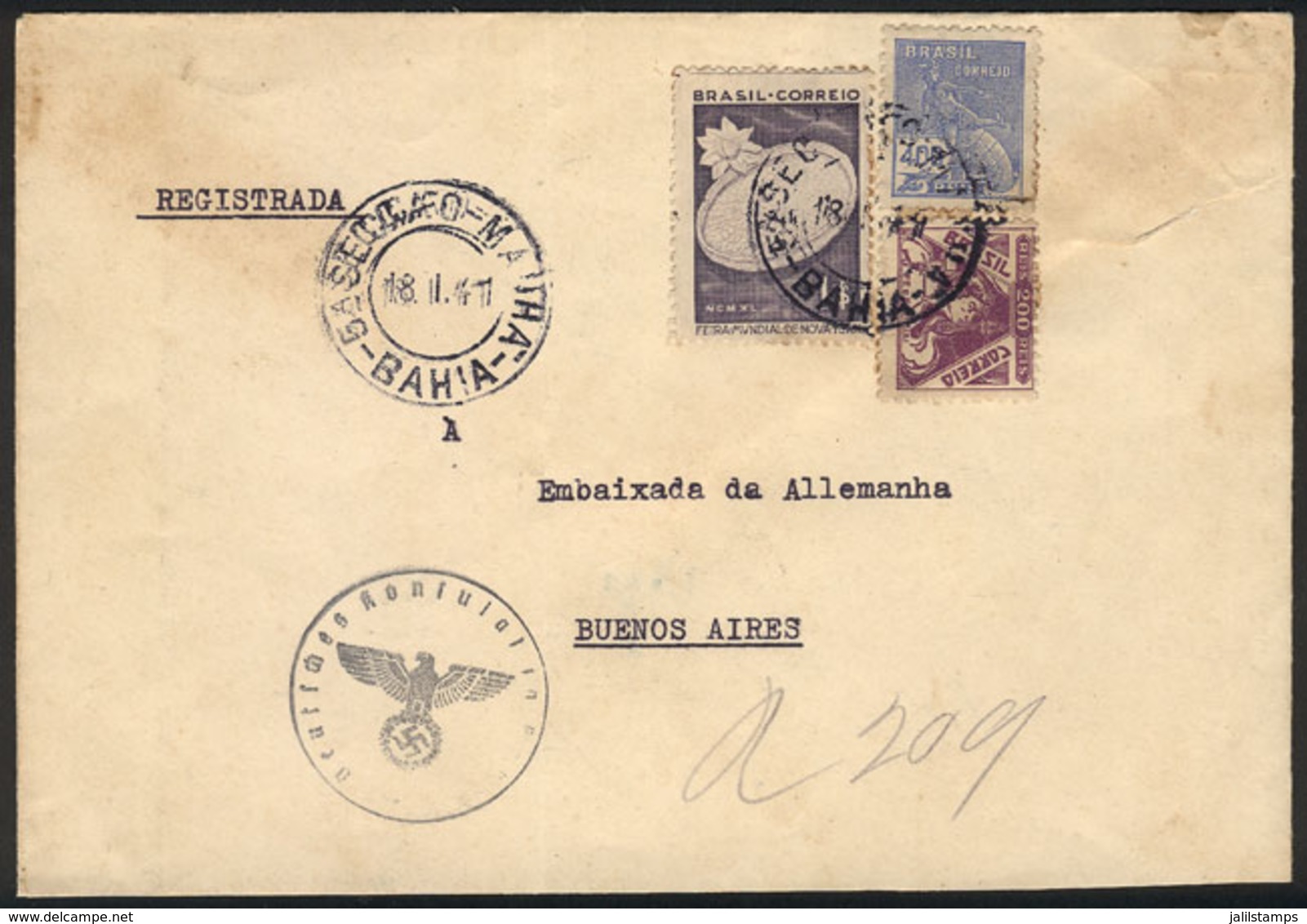 BRAZIL: Cover Sent From The German Consulate In Bahia (Nazi Handstamp) To The German Embassy In Argentina, Interesting! - Autres & Non Classés