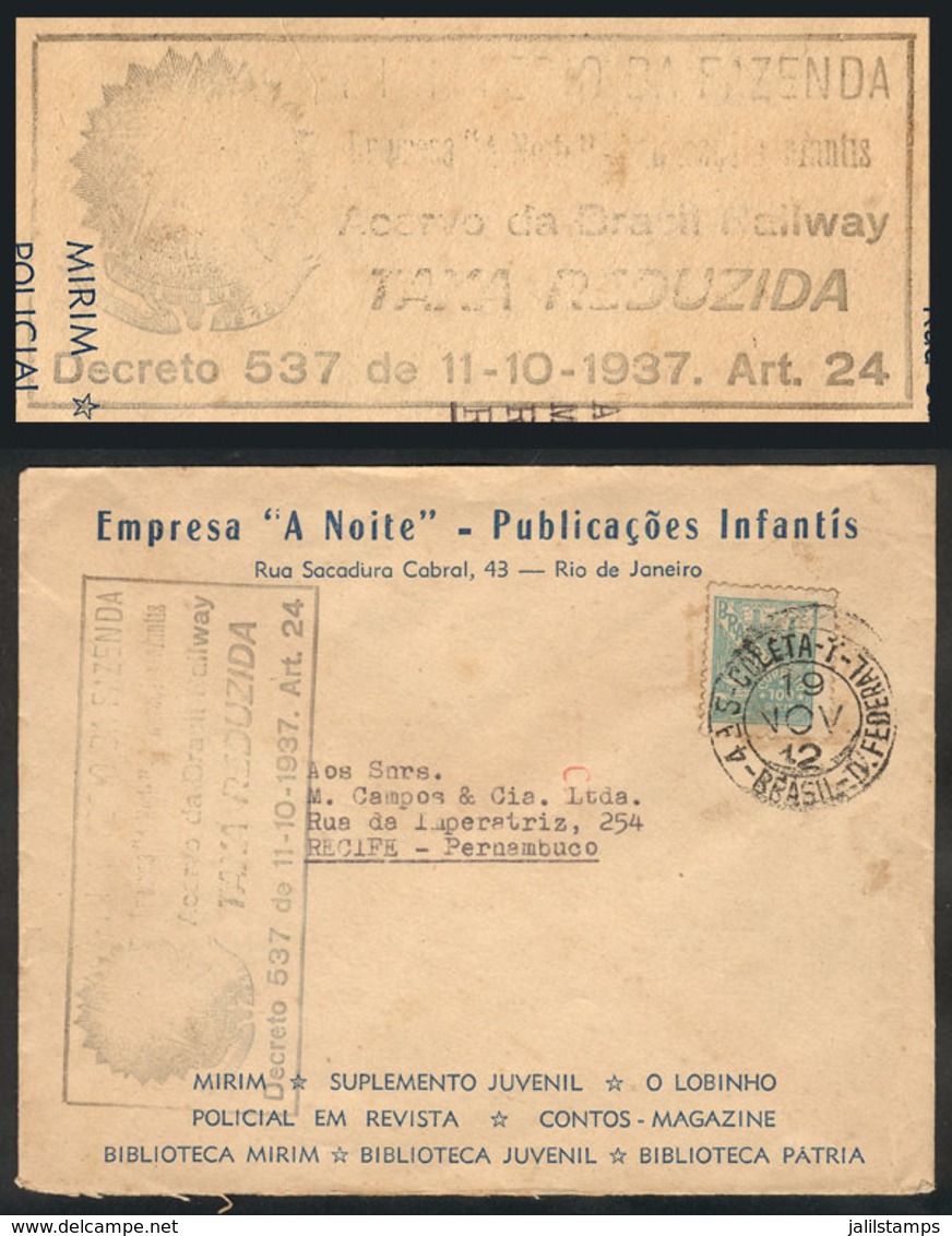 BRAZIL: Cover Franked With 100Rs., Sent From Rio To Recife On 19/NO/1942, With Interesting REDUCED RATE Mark, VF! - Autres & Non Classés