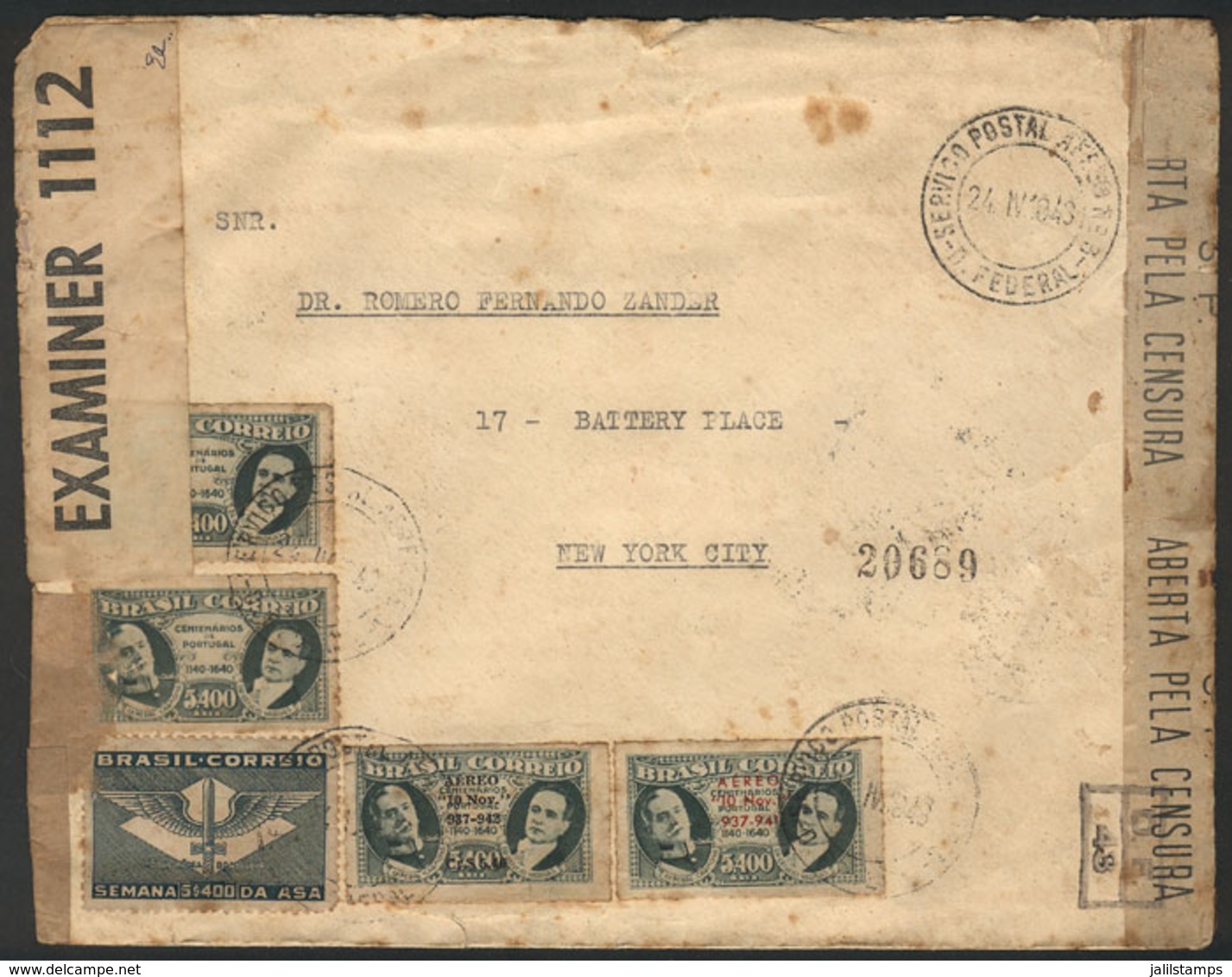 BRAZIL: Registered Cover Sent From Rio To USA On 24/AP/1943 With Nice Commemorative Postage, With Double Censorship And  - Autres & Non Classés