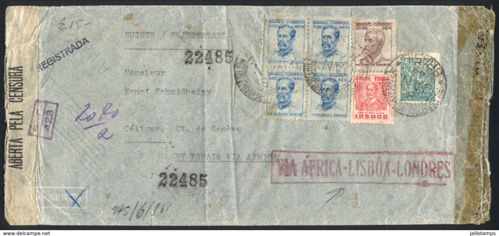 BRAZIL: Airmail Cover Sent From Sao Paulo To Switzerland On 8/JA/1944 With Good Postage And Double Censorship, Interesti - Autres & Non Classés