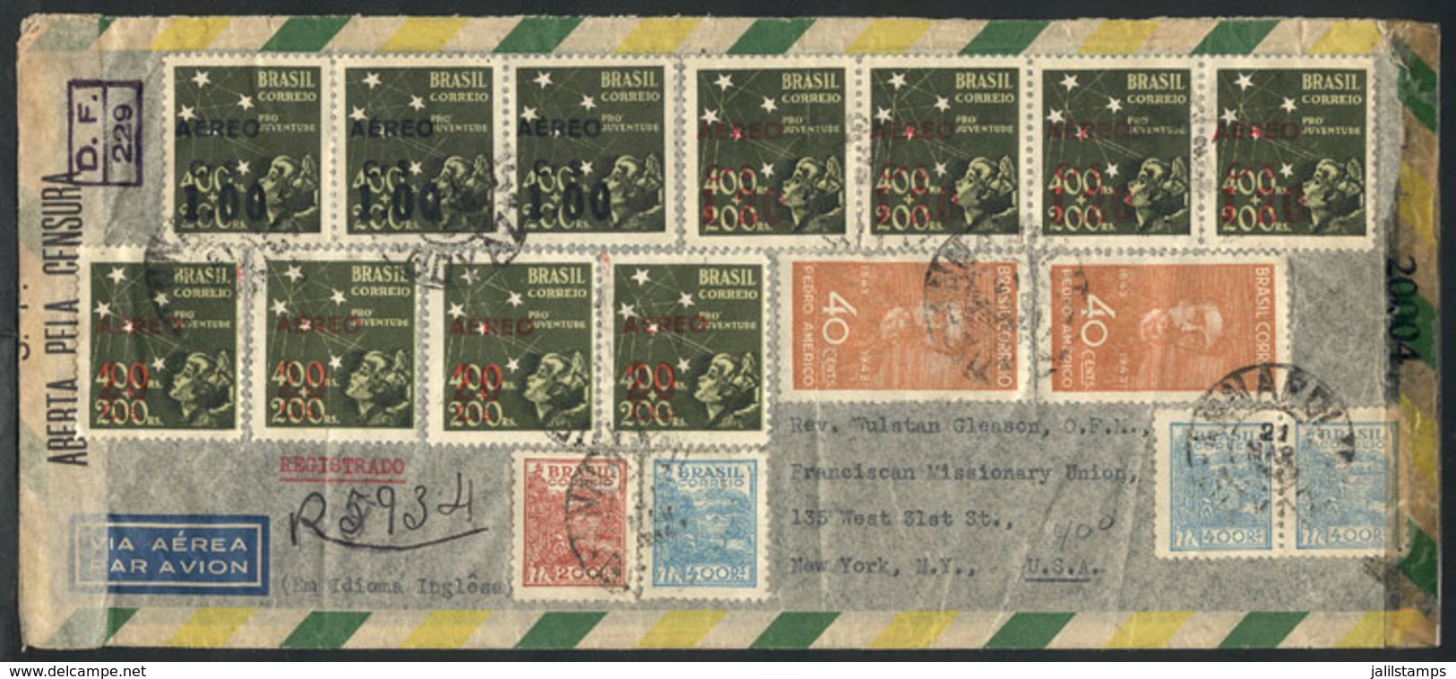 BRAZIL: Registered Airmail Cover Sent From Anápolis (Goiaz) To USA On 21/MAR/1944 With Spectacular Postage And Double Ce - Autres & Non Classés