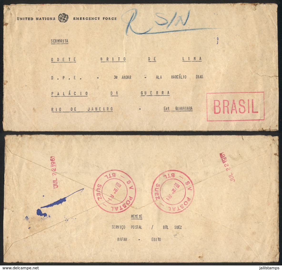 BRAZIL: Cover Sent By A Brazilian Member Of The UN Emergency Force In The Suez Canal To Rio De Janeiro On 22/JUN/1961 Wi - Autres & Non Classés