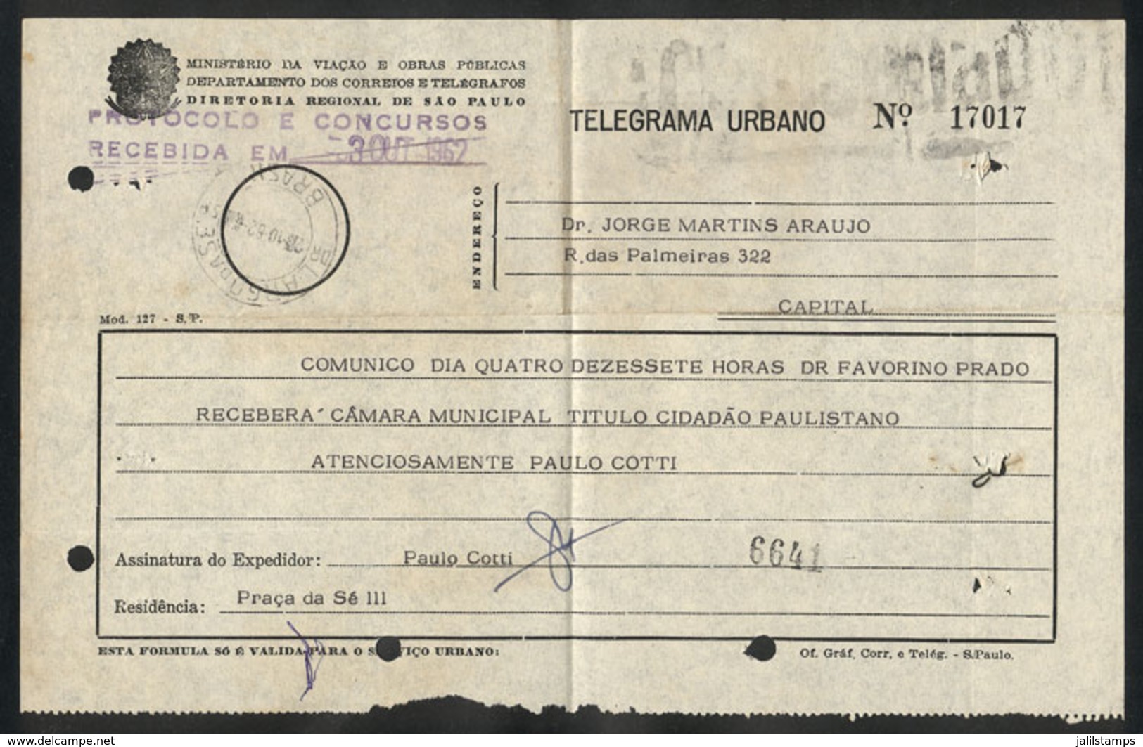 BRAZIL: Telegrama Urbano Telegram Of 3/OC/1962, Interesting! - Autres & Non Classés