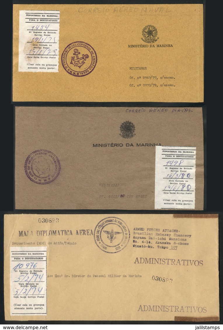 BRAZIL: 3 Covers Sent By NAVAL AIRMAIL Between 1974 And 1980, With Interesting Marks And Labels, VF Quality! - Sonstige & Ohne Zuordnung