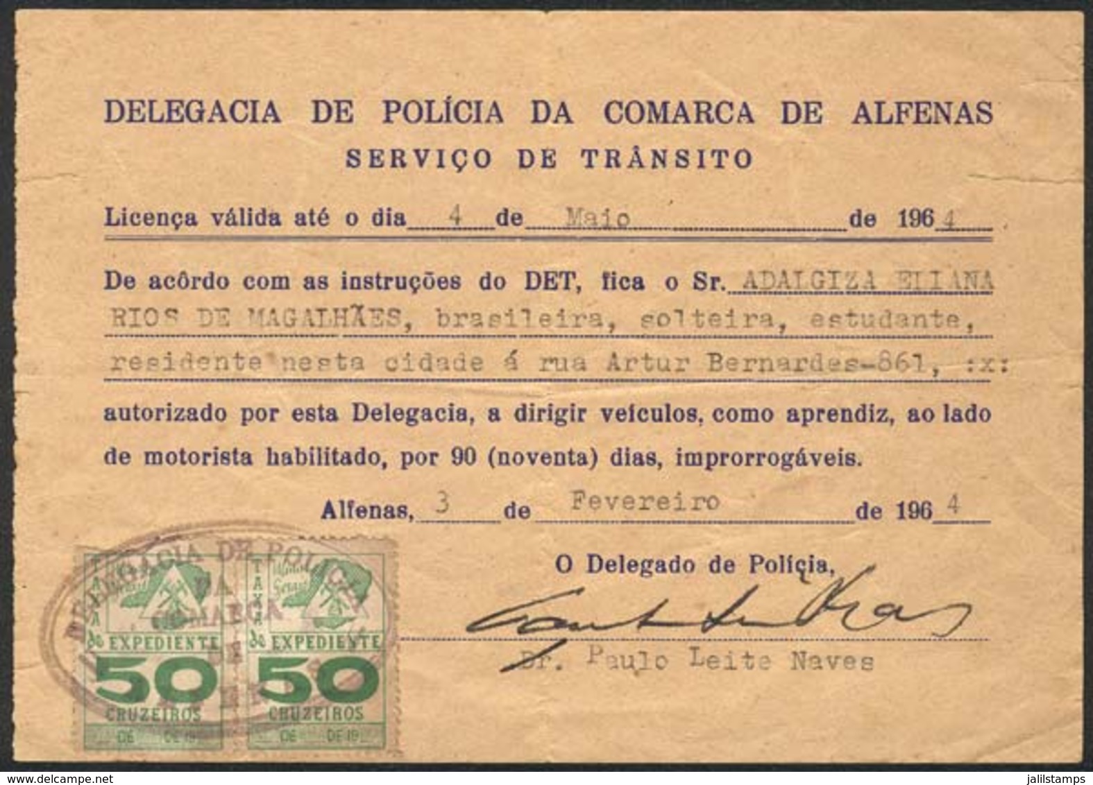 BRAZIL: Minas Gerais, 2 Revenue Stamps Of 50Cr$ On A Police Certificate, VF! - Autres & Non Classés