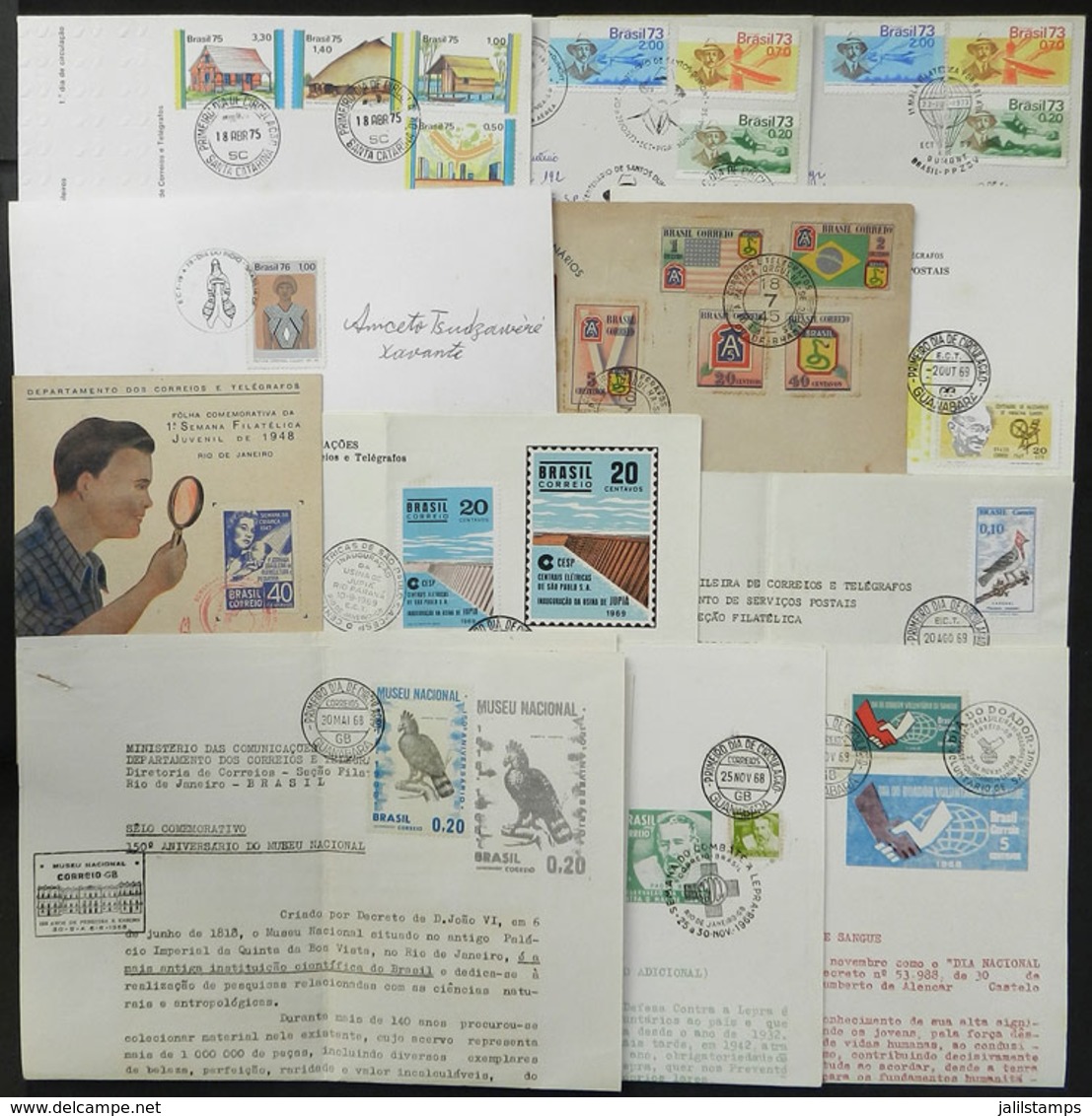 BRAZIL: Lot Of 12 Items, Including Several FDC Covers, A Special Card Issued By The Mail And Several Announcement Bullet - Andere & Zonder Classificatie