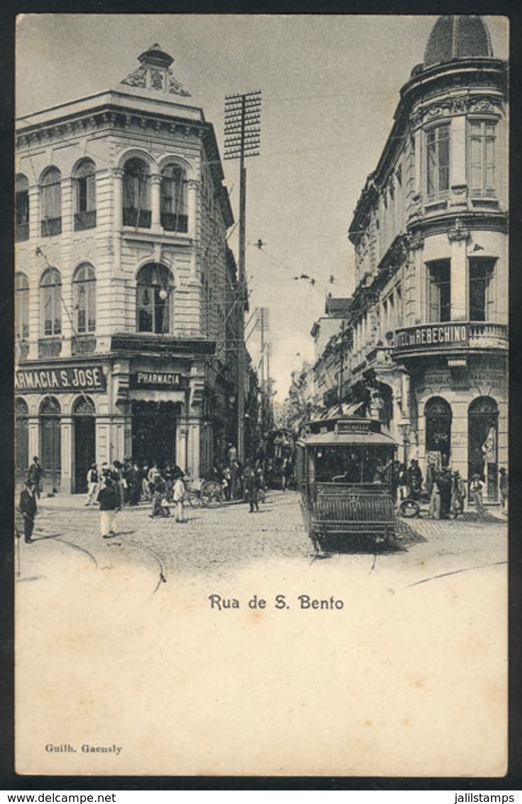BRAZIL: SAO PAULO: Tramway On S.Bento Street, Drugstore, Ed.Gaensly, Circa 1900, VF - Andere & Zonder Classificatie