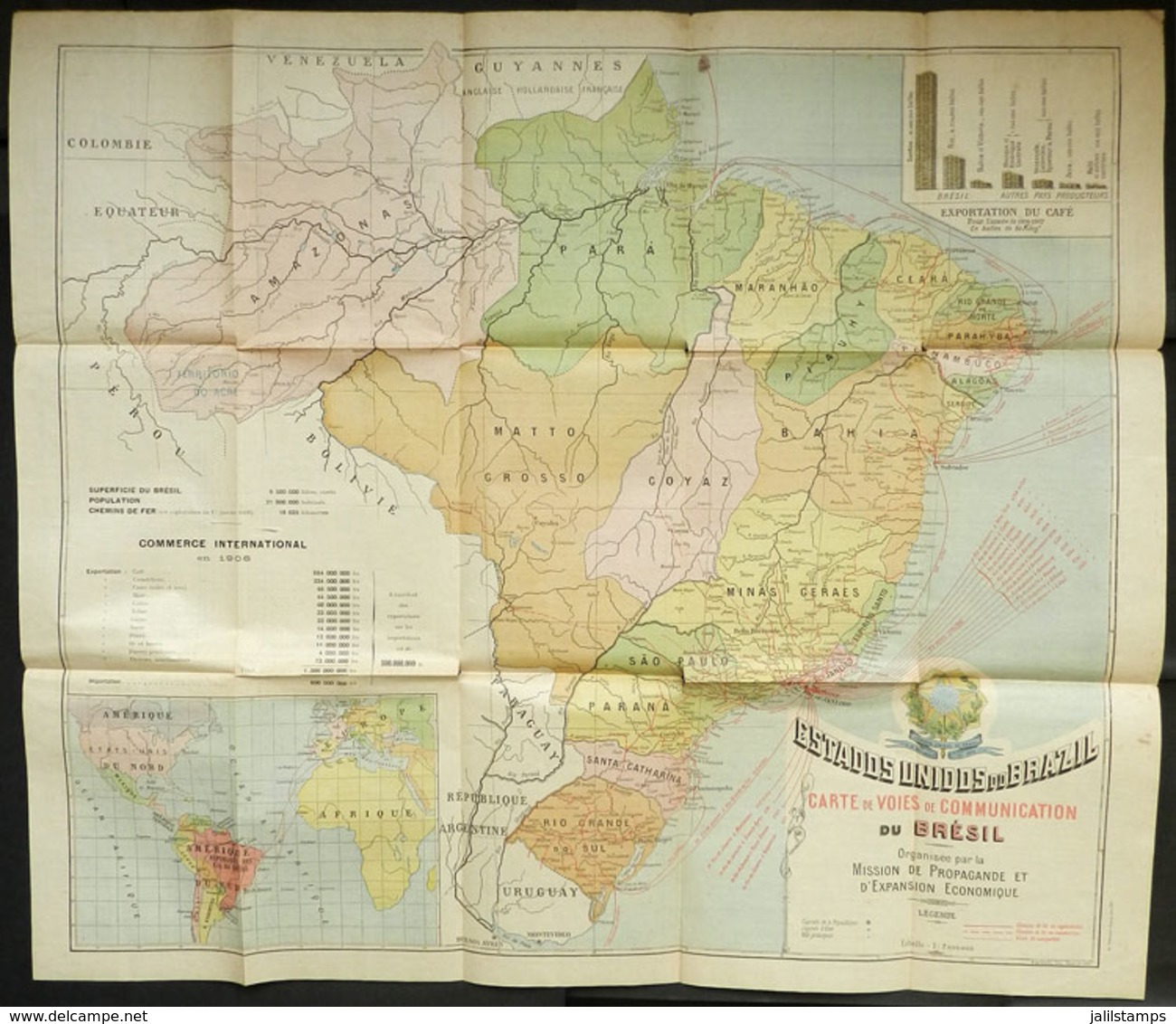 BRAZIL: Year 1908, Large Brazil Railroad Map And Of Ship Lines, Edited In France In 1908 By "Mission Brésilienne De Prop - Unclassified