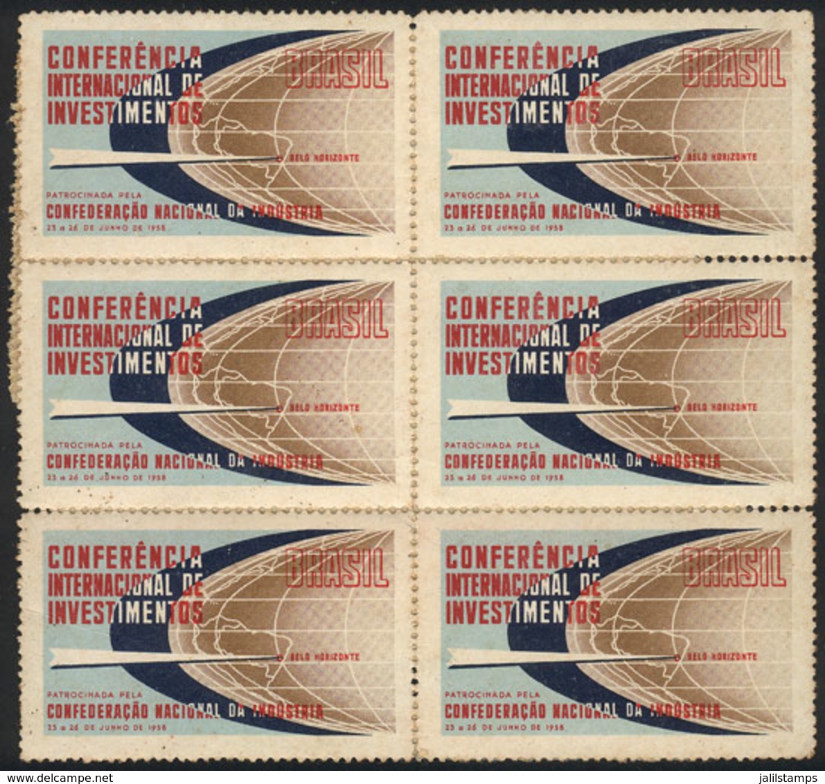 BRAZIL: Block Of 6 Cinderellas Of The "International Conference On Investments" Of Belo Horizonte 1958, Glued To Paper." - Andere & Zonder Classificatie