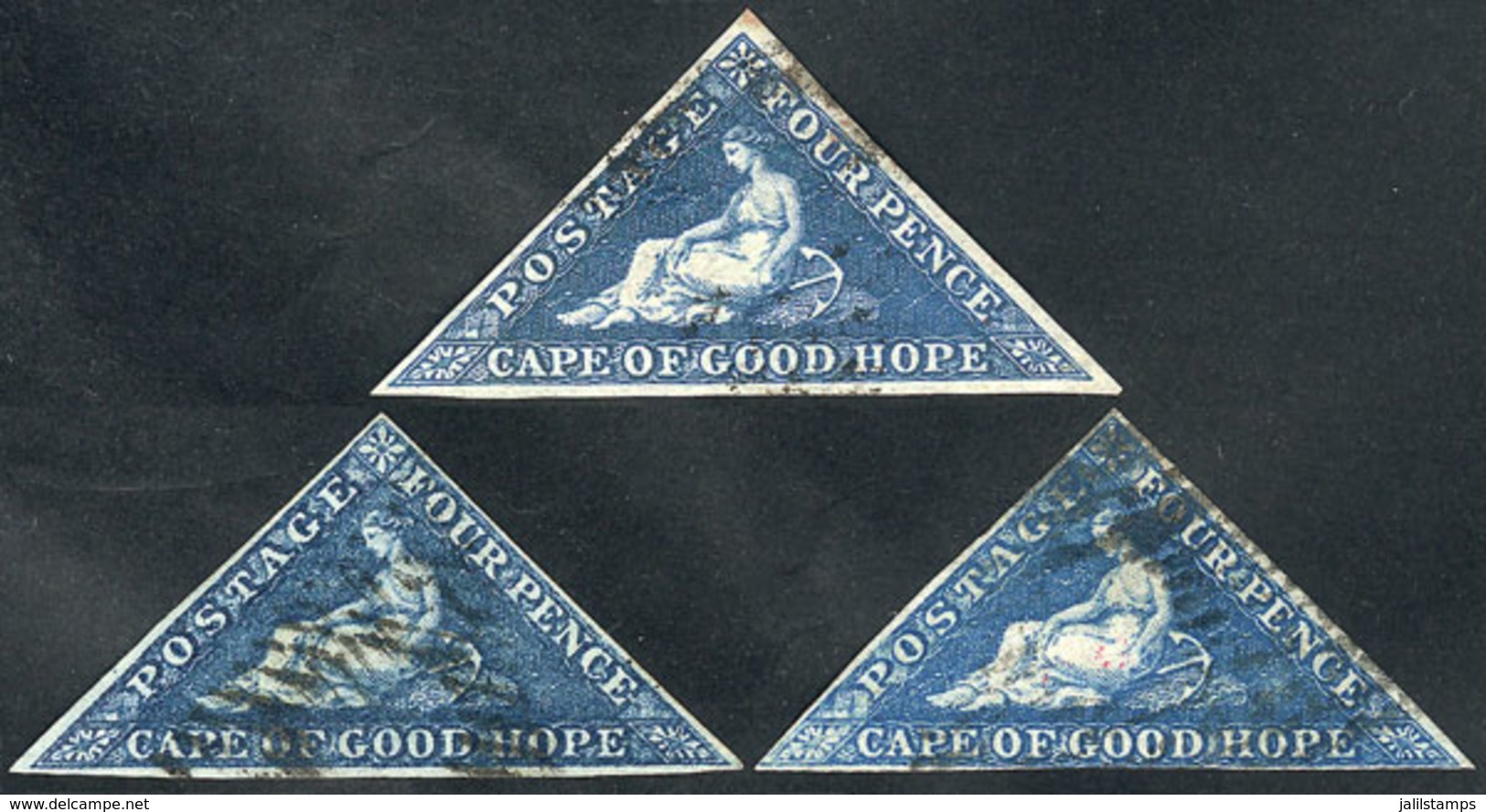 CAPE OF GOOD HOPE: Sc.13 + 13b + 13c, 1863/4 4p., 3 Examples Of VF Quality In Different Shades Of Blue, Catalog Value US - Cape Of Good Hope (1853-1904)