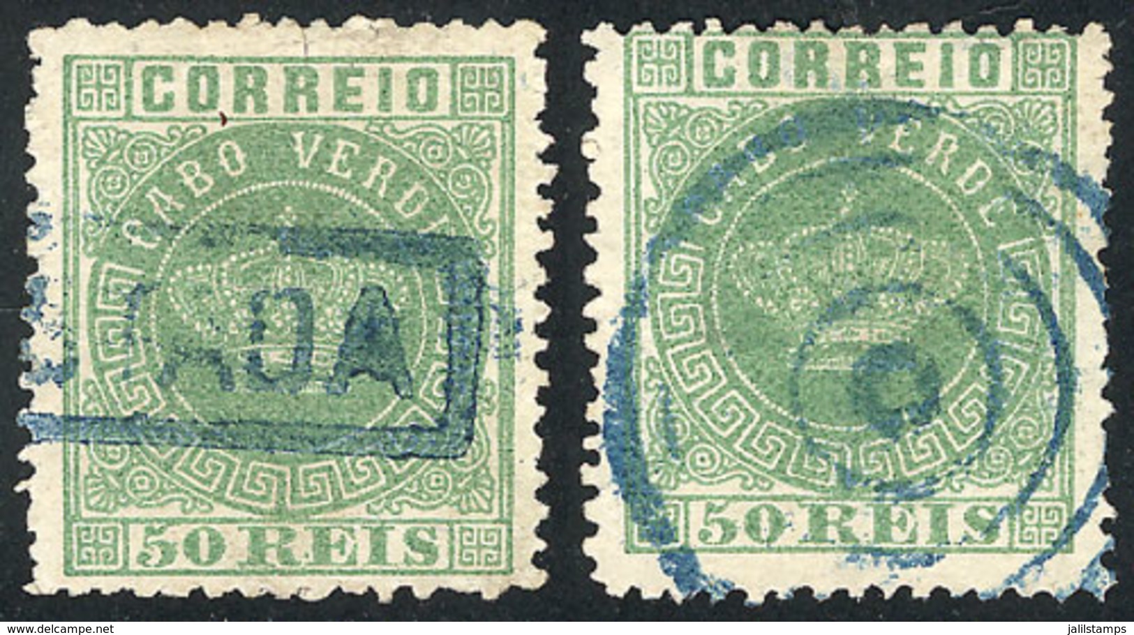 CAPE VERDE: Sc.6, 1877 50r. Green, Perf 12½, 2 Used Examples With Different Cancels, Catalogue Value US$145, VF Quality! - Cap Vert