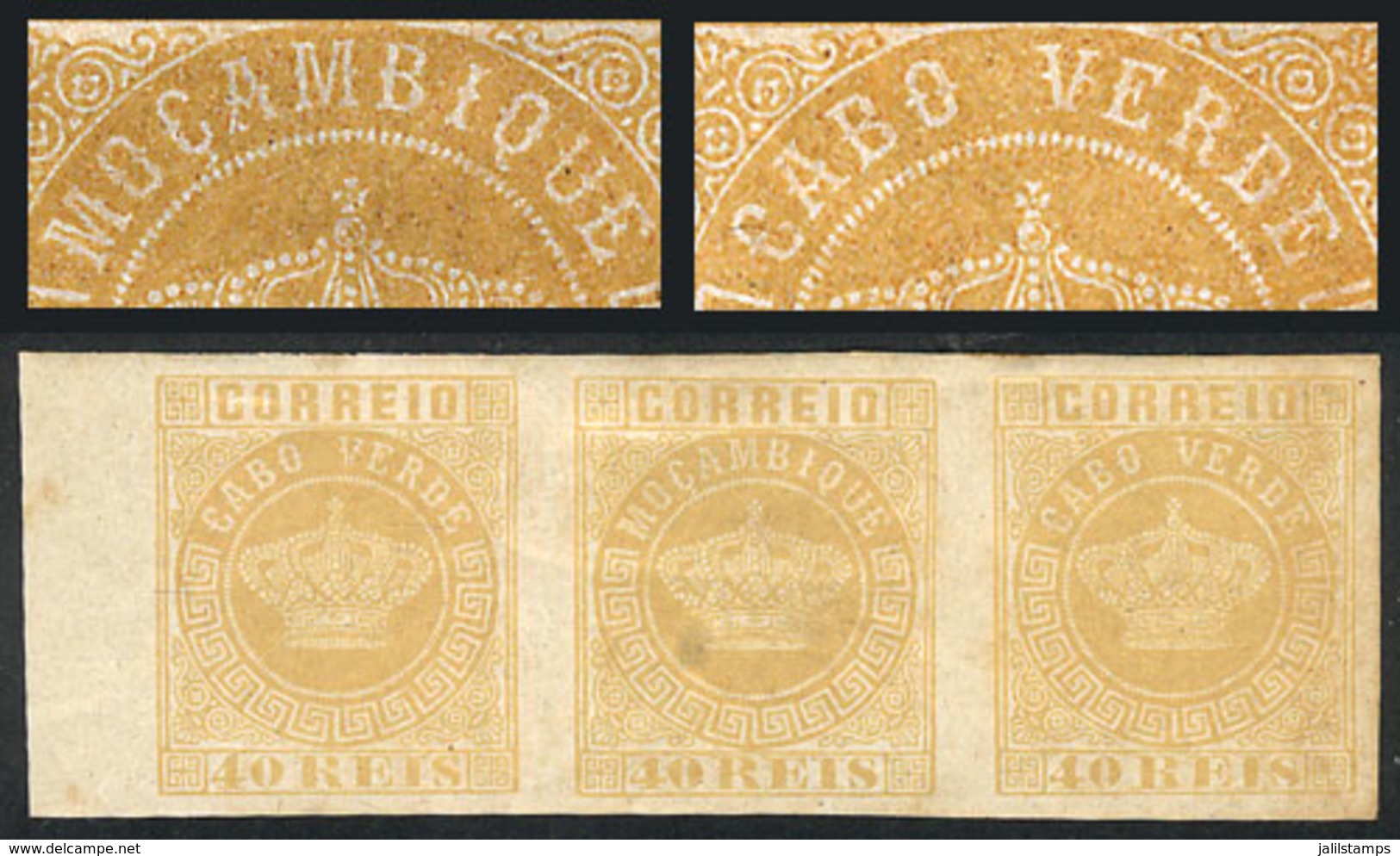 CAPE VERDE: Sc.13c, 1881/5 40r. Yellow, Imperforate Strip Of 3, The Middle Stamp Inscribed With "Mozambique" ERROR, Mint - Cap Vert