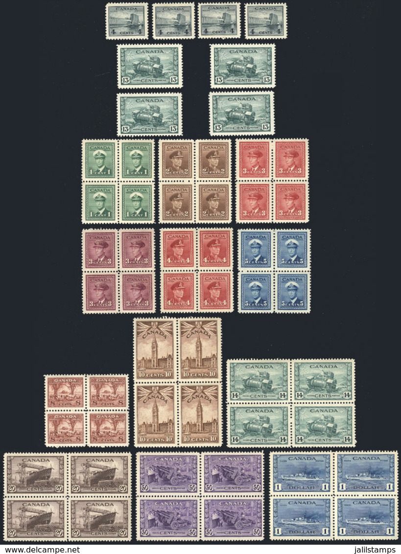 CANADA: Sc.249/262, 1942/3 Contribution Of Canada To World War II, Complete Set Of 14 Values In Unmounted Blocks Of 4, E - Autres & Non Classés