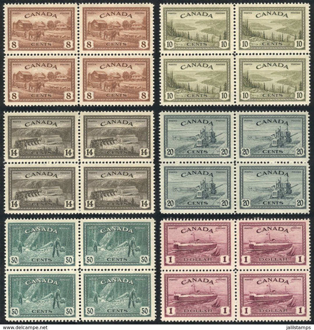 CANADA: Sc.268/273, 1946 Horses, Ships, Agriculture And Other Topics, Compl. Set Of 6 Values In Unmounted Blocks Of 4, E - Altri & Non Classificati