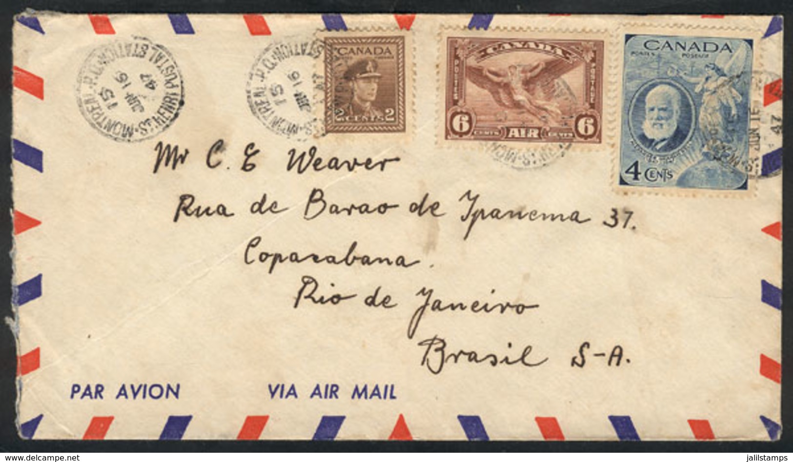 CANADA: Airmail Cover Sent From Montreal To Rio De Janeiro On 16/JUN/1947 Franked With 12c., Very Nice! - Altri & Non Classificati