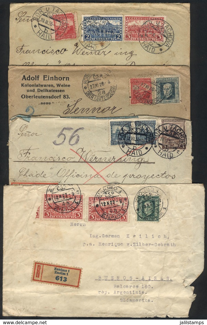 CZECHOSLOVAKIA: 4 Registered Covers Sent To Argentina Between 1926 And 1930 With Nice Postages, Some With Minor Defects, - Sonstige & Ohne Zuordnung