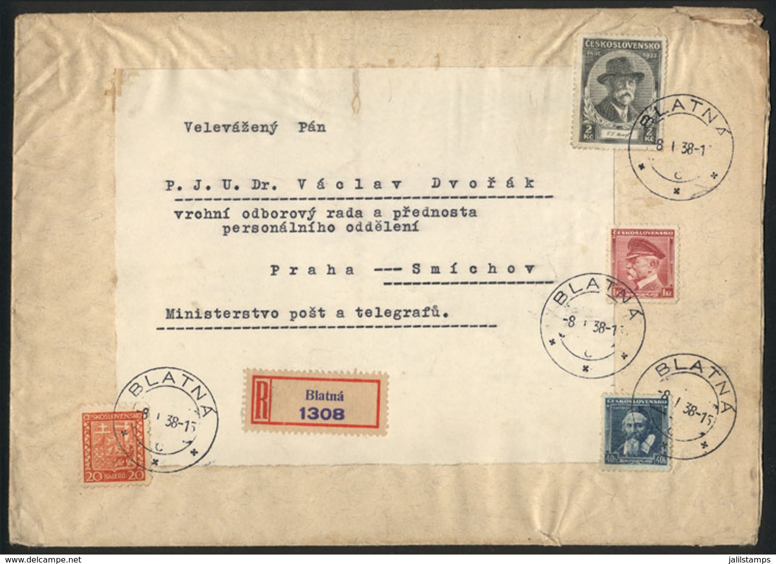 CZECHOSLOVAKIA: Registered Cover Sent From Blatná To Praha On 8/JA/1938, Very Nice! - Otros & Sin Clasificación