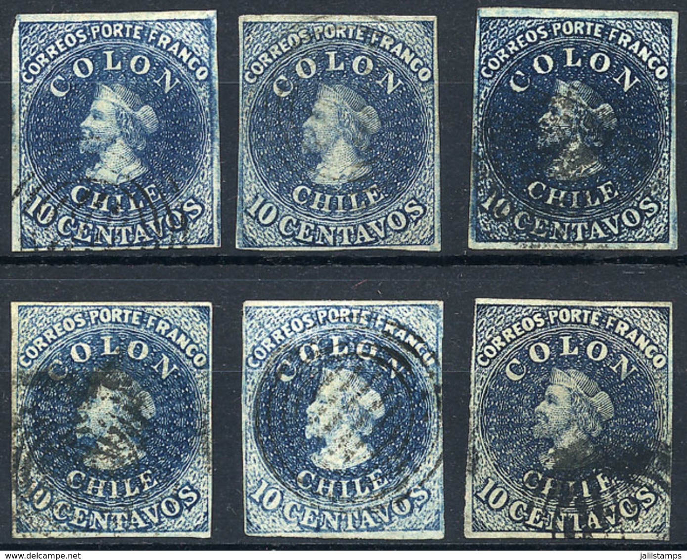 CHILE: Yvert 6 (Sc.10) And Its Color Varieties, 1856/66 10c. Santiago Print (Estancos), 6 Examples Of 4 Margins, Range O - Chile