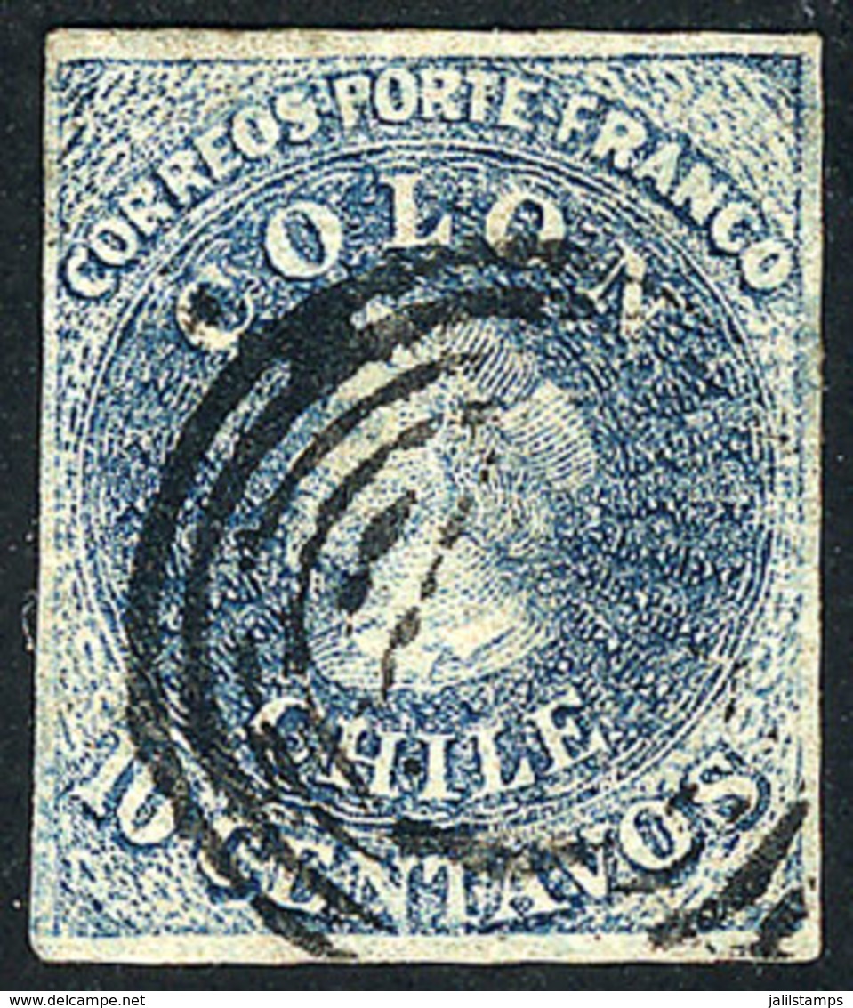 CHILE: Yvert 6b, 1856/66 10c. Light Blue, 4 Complete Margins, VF Quality - Chile