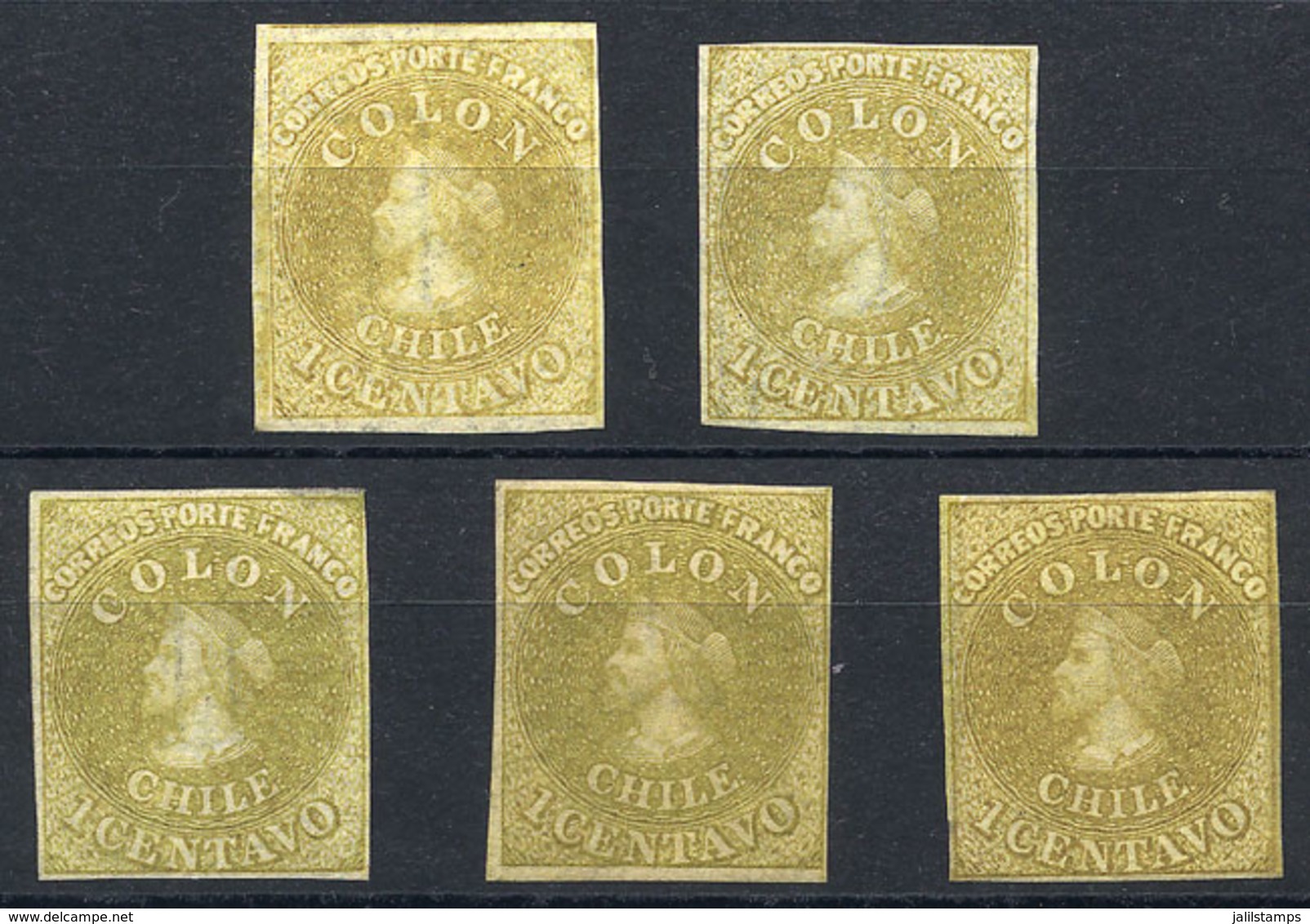 CHILE: Yv.7 (Sc.11), 1862 Colombus 1c. Yellow, 5 Mint Examples (2 With Full Original Gum), Different Shades, All With 4  - Chile