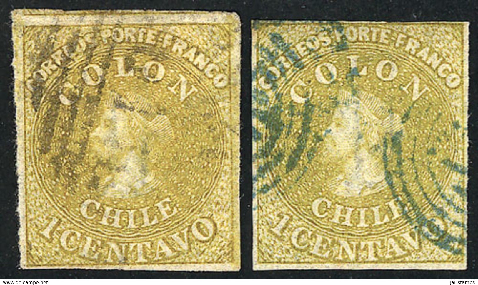 CHILE: Yvert 7, 1862 1c. Lemon Yellow And Green-yellow (Sc.11 And 11b), Postally Used, With 4 Complete Margins, VF Quali - Chili
