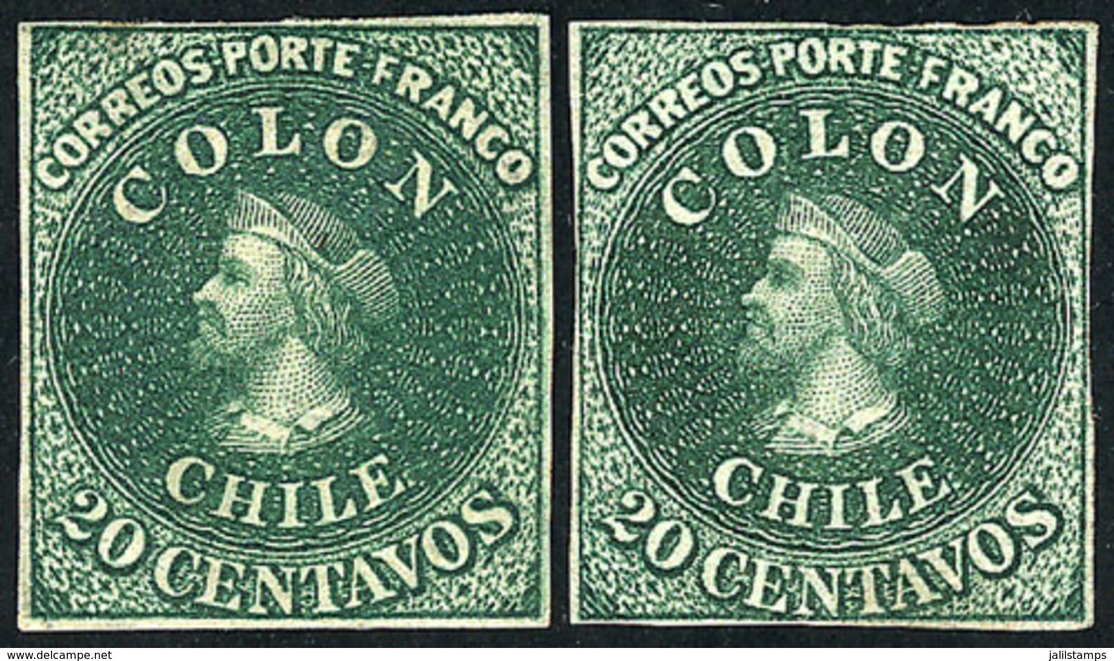 CHILE: Yv.10 (Sc.13), 1861 20c. Green, 2 Mint Examples, Different Shades, Both With 4 Margins But One With Small Thin On - Chili