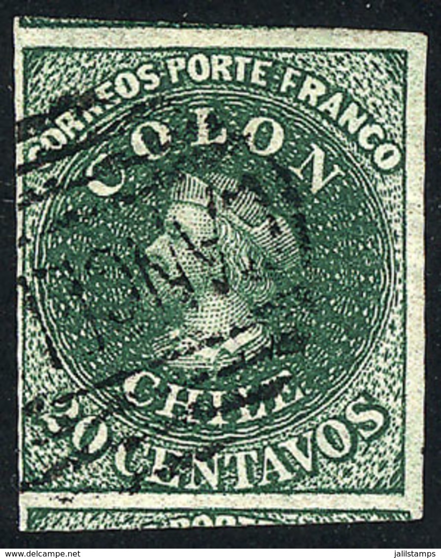 CHILE: Yvert 10 (Sc.13), 1861/7 20c. Green, Fantastic Example With Huge Margins (with Part Of Neighboring Stamps), Super - Chili