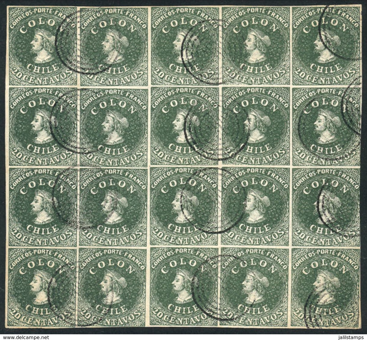 CHILE: GJ.13, 1862 20c. Green, Unwatermarked REPRINT, Beautiful Block Of 20 Stamps, Excellent Quality! - Chile