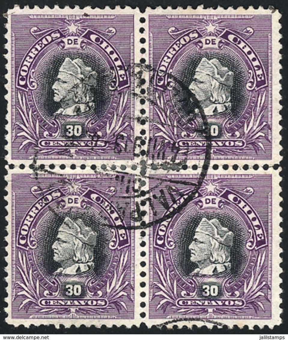 CHILE: Yv.46 (Sc.55), Used Block Of 4 Of 30c., Rare, Fine Quality (the Horizontal Perforations Are Very Weak, And Reinfo - Chili