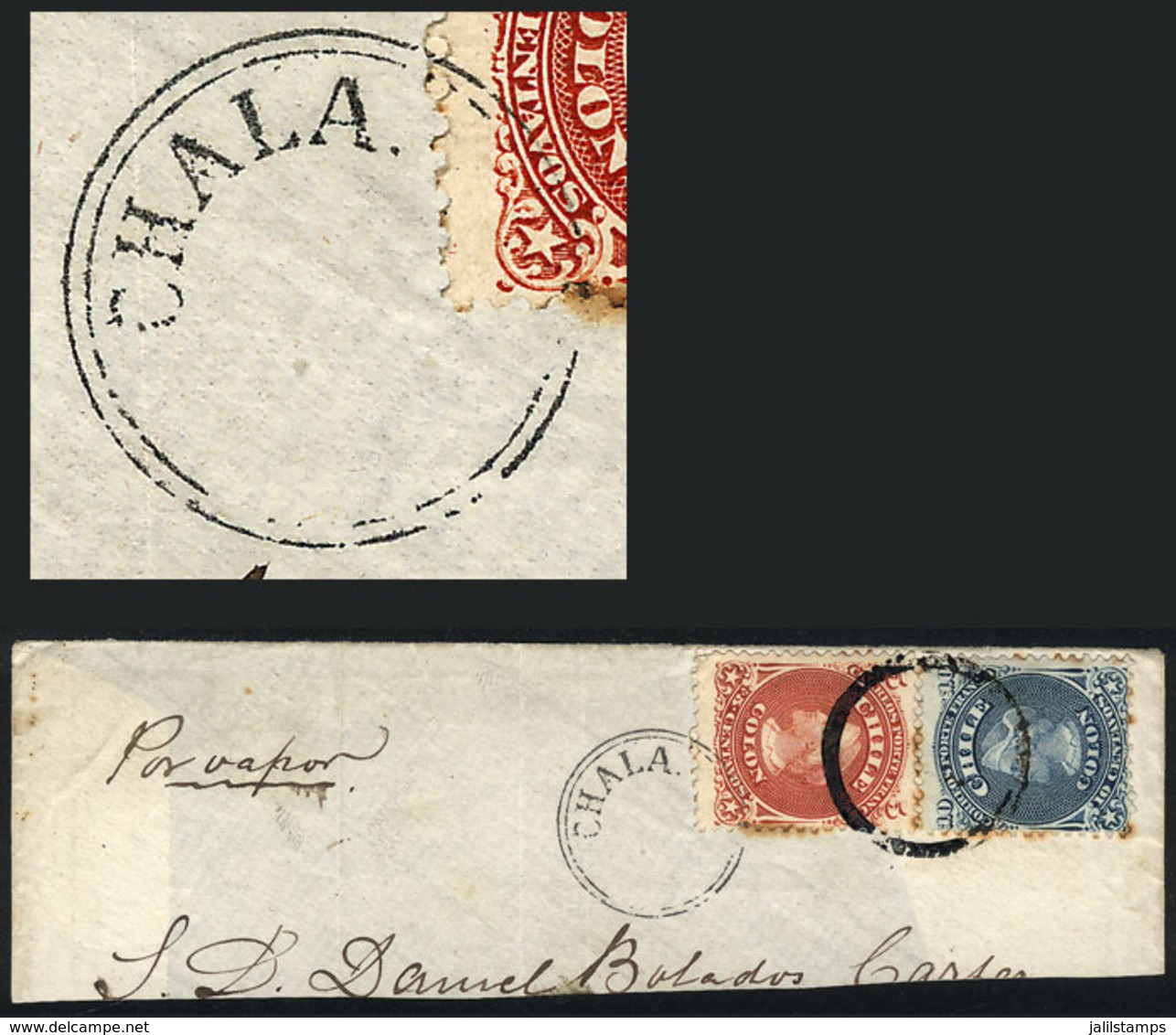 CHILE: Large Fragment Of A Cover (circa 1867) Franked By Sc.17 + 18, With Cancel Of CHALA, VF Quality, Rare! - Chili