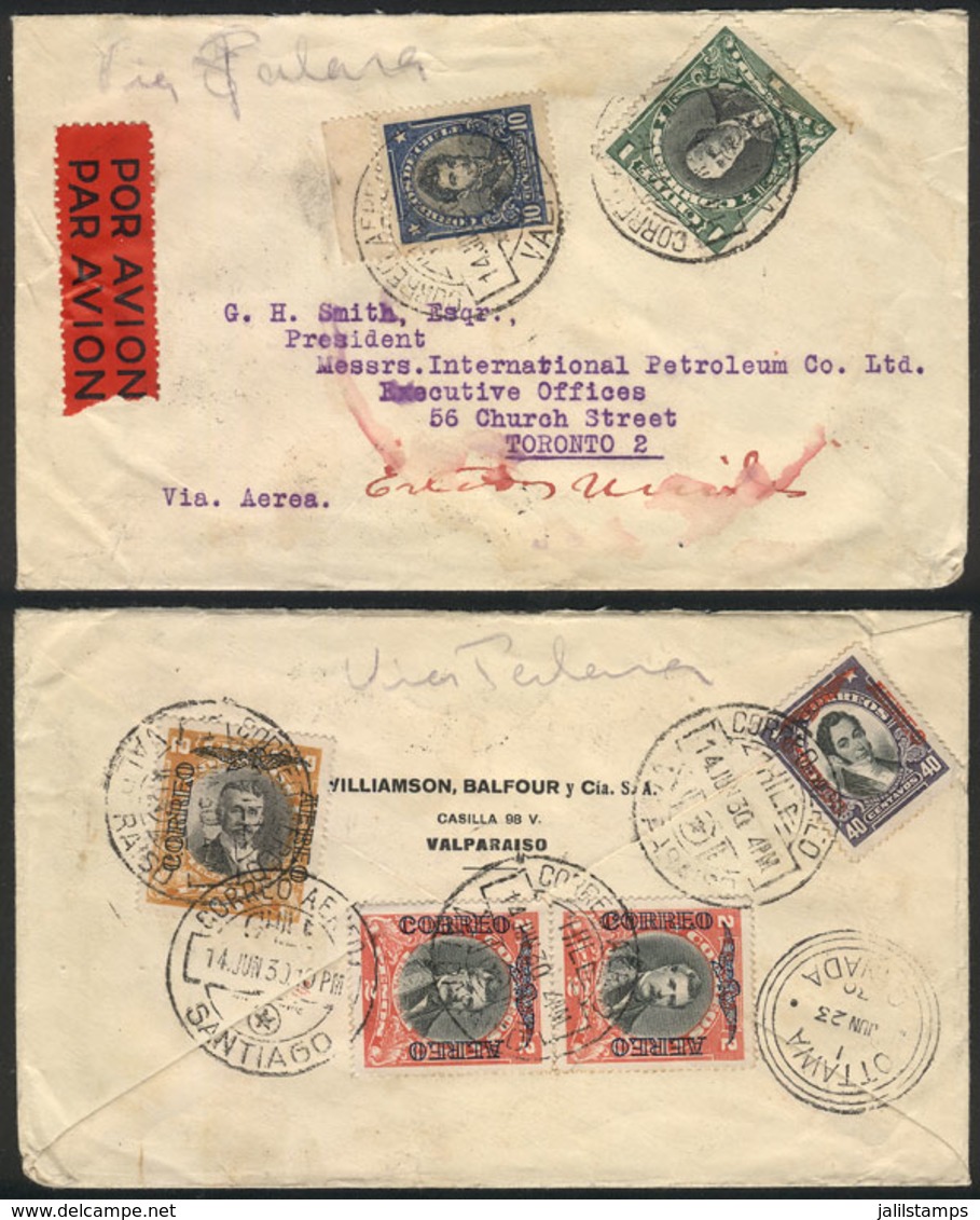 CHILE: Airmail Cover Sent From Santiago To Canada On 14/JUN/1930 With Nice Postage! - Chili