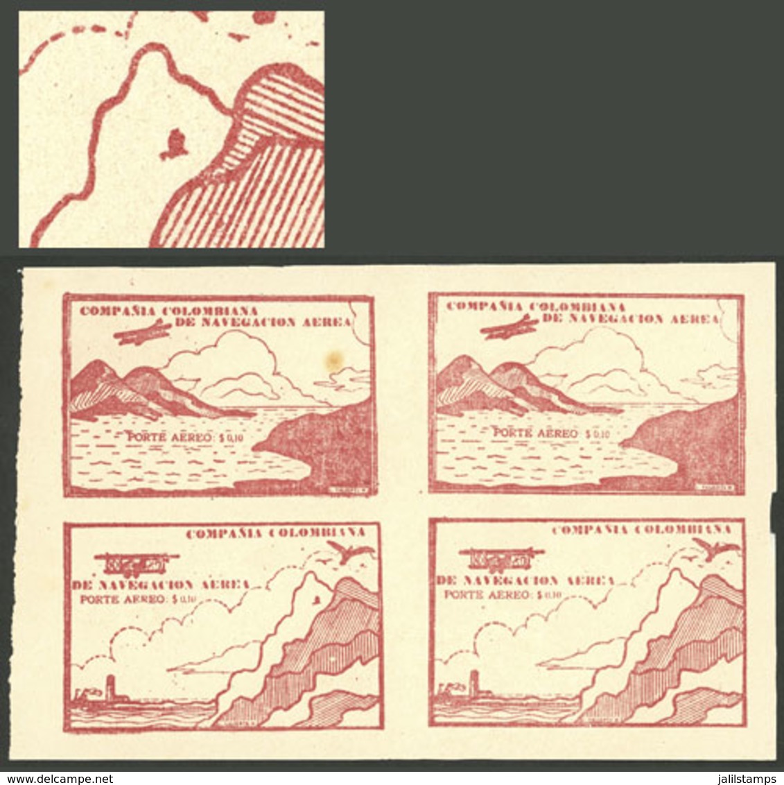 COLOMBIA: Yvert 11, 10c. Carminish Red (airplane And Mountains), Block Of 4 Of The 2 Different Cinderellas. The Lower Le - Colombia