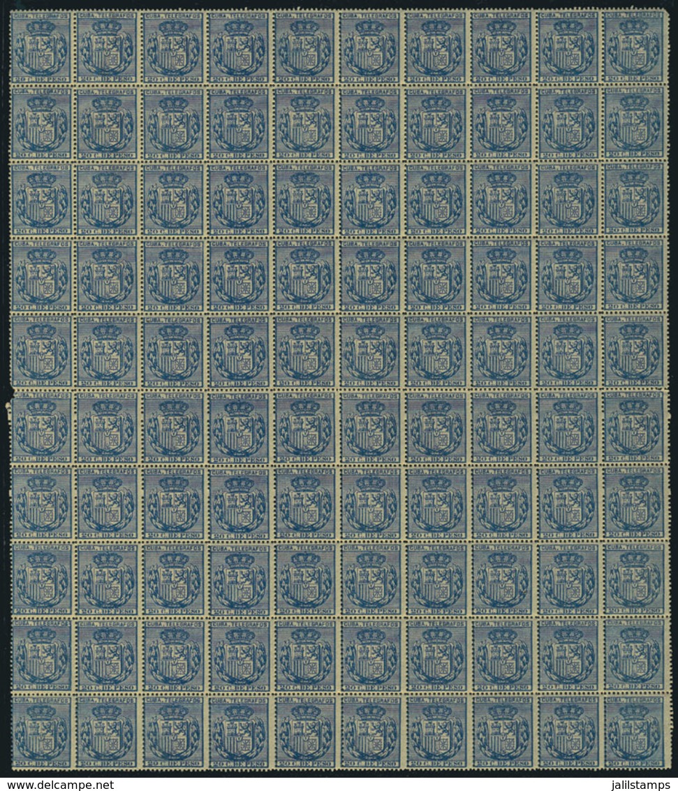 CUBA: Yvert 76, 1894 20c. Blue, Fantastic Block Of 100 Examples, Unmounted, Excellent Quality (2 Stamps With Minor Defec - Télégraphes