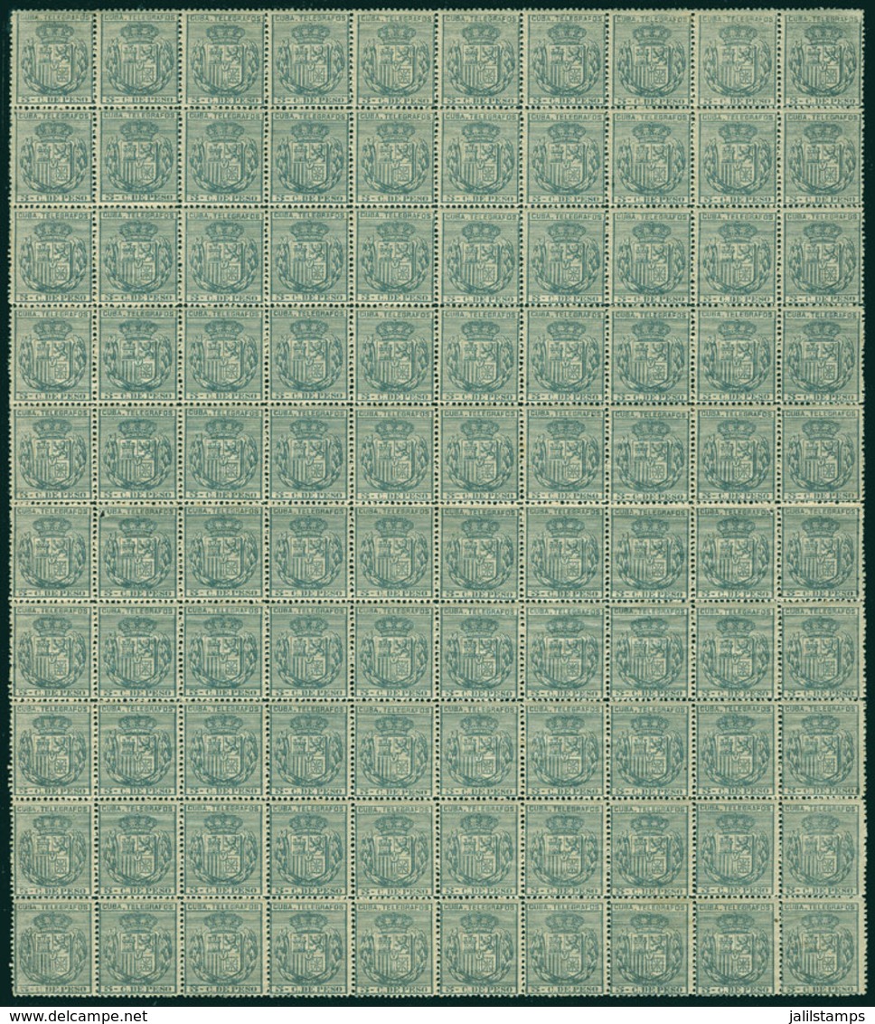 CUBA: Yvert 78, 1896 5c. Bluish Green, Fantastic Block Of 100 Examples, Unmounted, Excellent Quality, Very Fresh And Att - Telegraphenmarken
