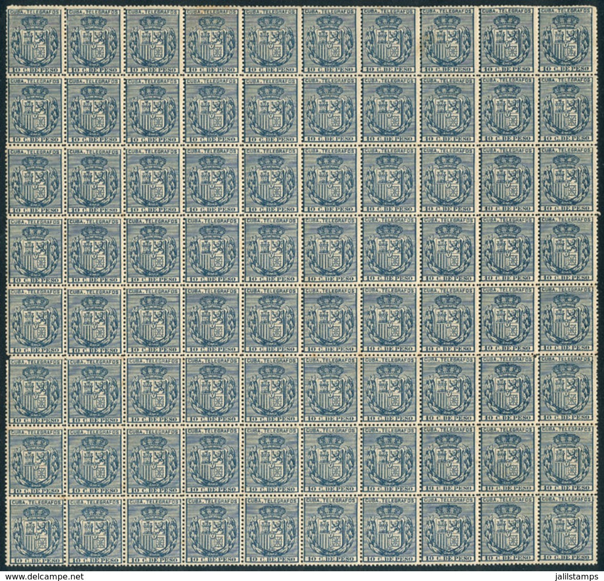 CUBA: Yvert 79, 1896 10c. Gray-blue, Fantastic Block Of 80 Examples, Unmounted, Excellent Quality (2 Stamps With Minor D - Telegrafo