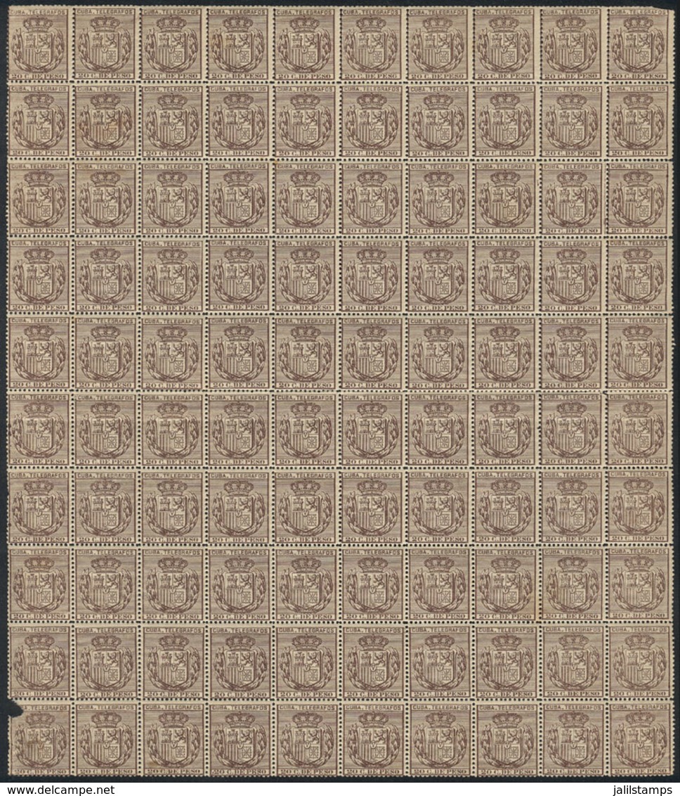 CUBA: Yvert 80, 1896 20c. Sepia, Fantastic Block Of 100 Examples, Unmounted, Excellent Quality (5 Stamps With Minor Defe - Telegraphenmarken