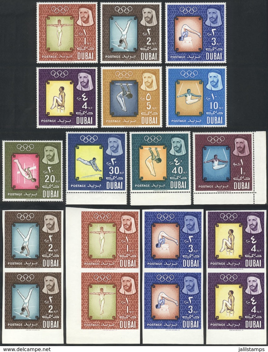 DUBAI: Sc.43/52, 1964 Tokyo Olympic Games, The Set Perforated And In IMPERFORATE PAIRS + Imperforate Souvenir Sheet, Unm - Dubai