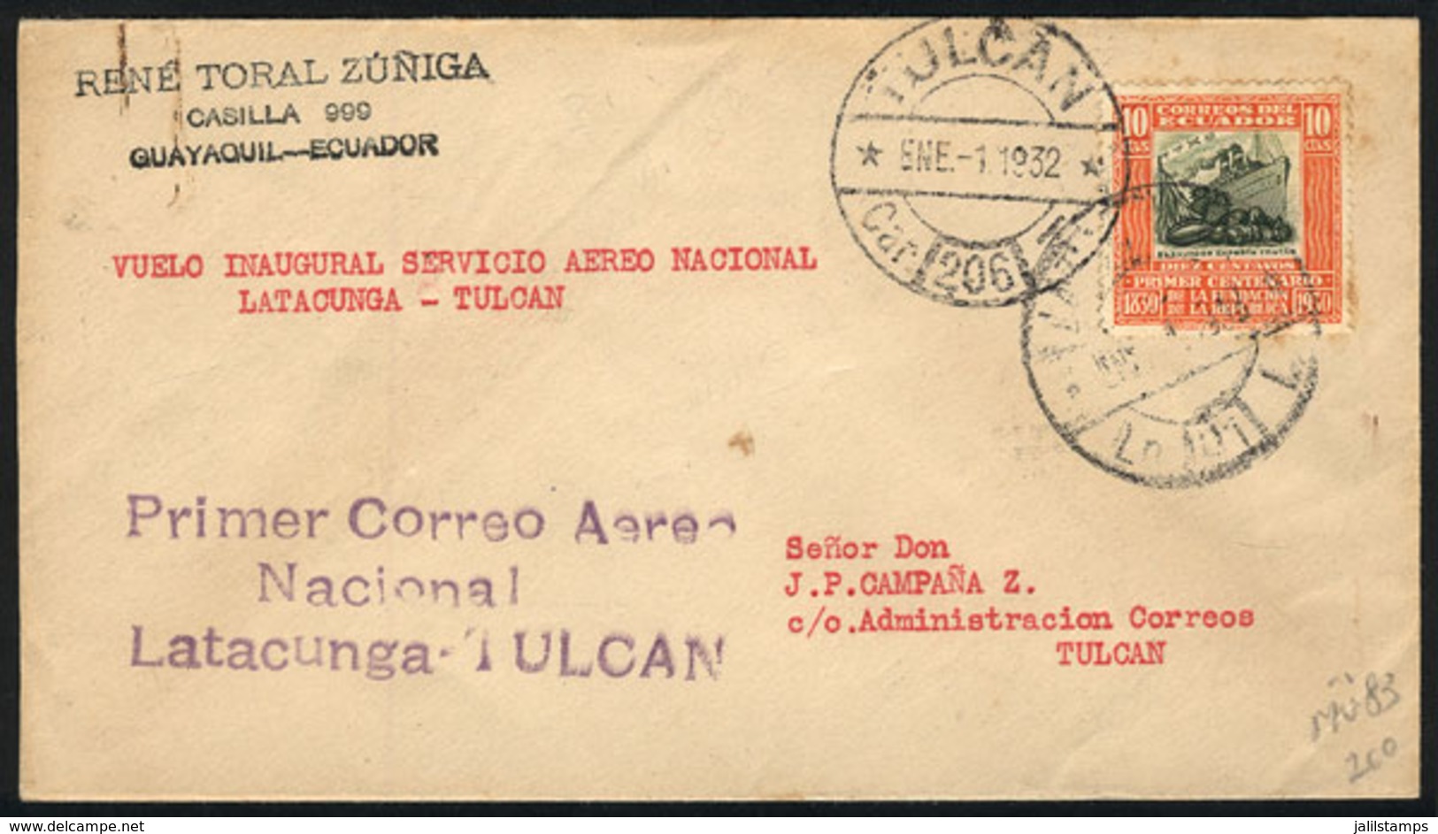 ECUADOR: 1/JA/1932 Quito - Tulcan First Airmail (Mü.86), With Special Handstamp Of The Flight And Arrival Mark, All Appl - Ecuador