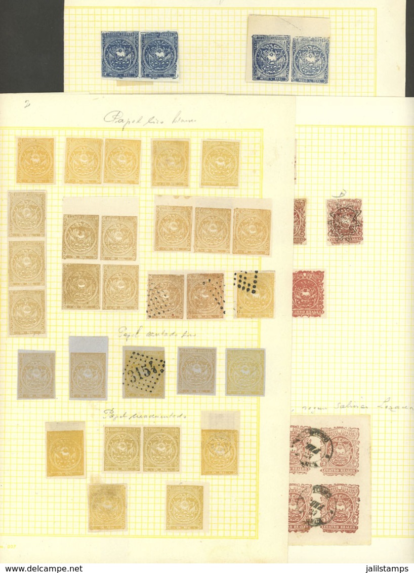 ECUADOR: 3 Album Pages Of An Old Collection With A Good Number Of Stamps, Including Pairs, Blocks Of 4 And Larger, Very  - Equateur