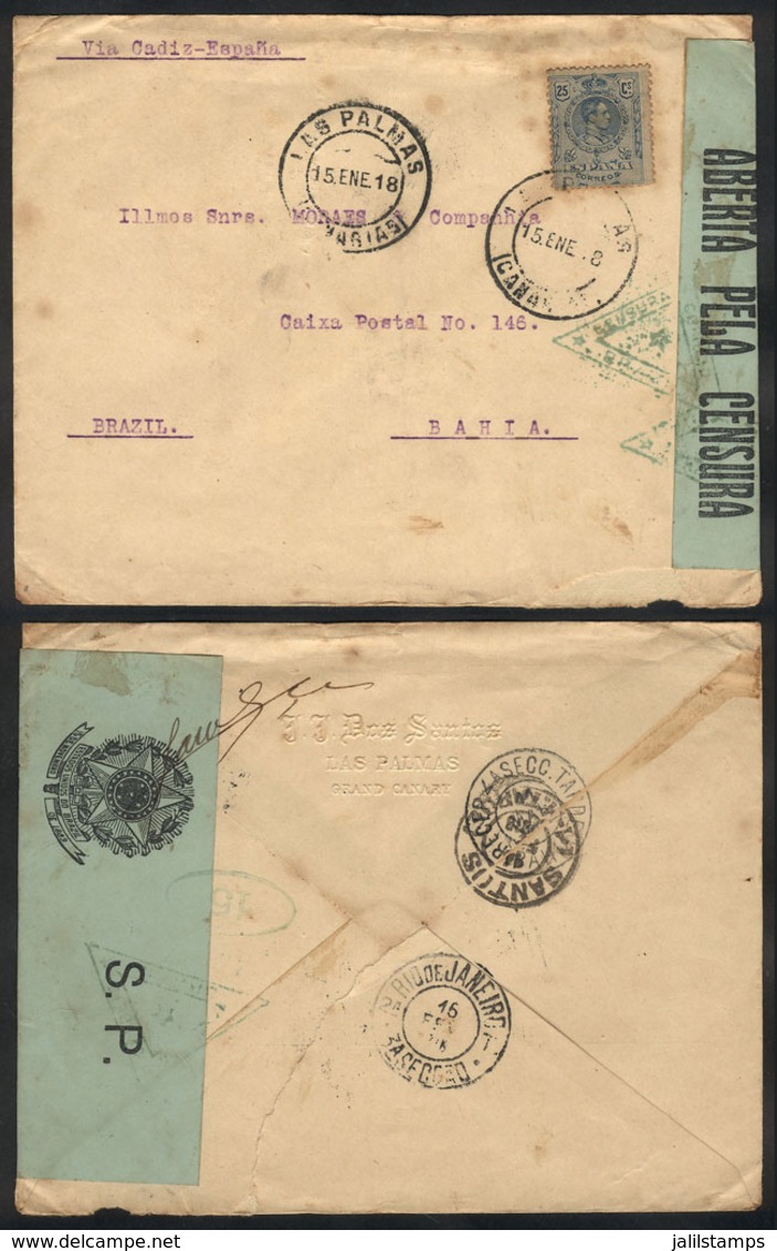 SPAIN: Cover Sent From Las Palmas To Bahia (Brazil) On 15/JA/1918, With Interesting Brazilian Censorship, Very Attractiv - Otros & Sin Clasificación