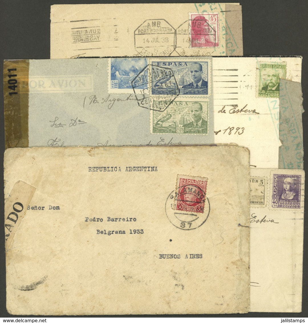 SPAIN: 5 Covers Sent To Argentina Between 1936 And 1943, All With Interesting CENSOR Labels/marks, Attractive Group! - Sonstige & Ohne Zuordnung