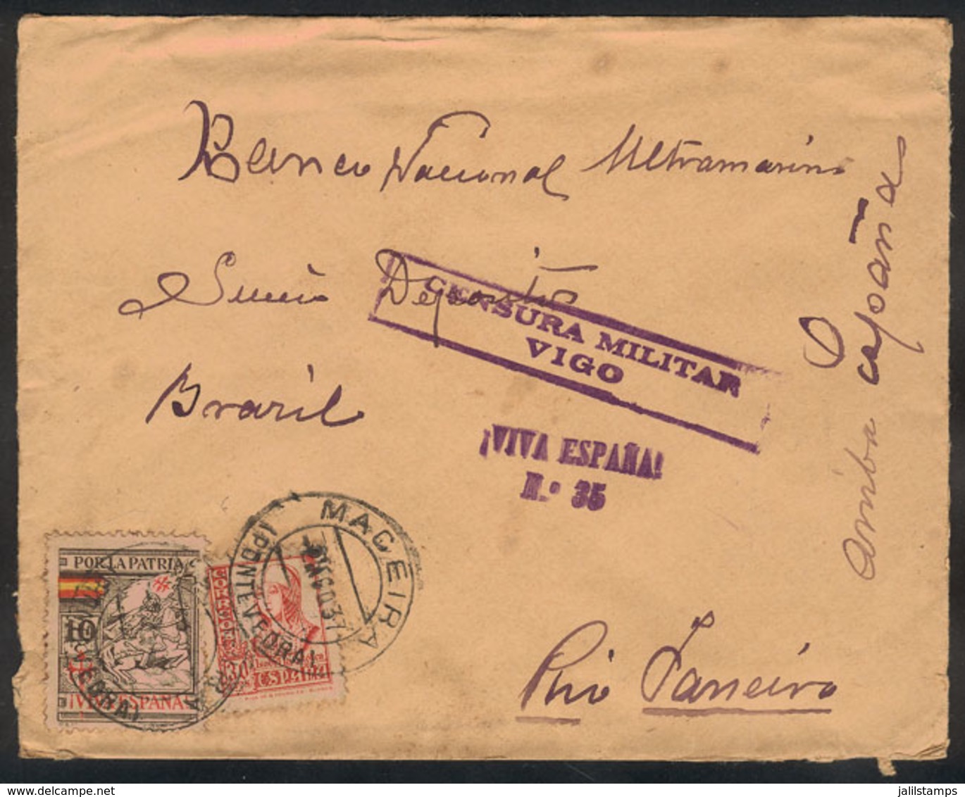 SPAIN: Cover Sent From Maceira To Rio De Janeiro On 21/AU/1937, With Censor Marks, VF Quality! - Sonstige & Ohne Zuordnung