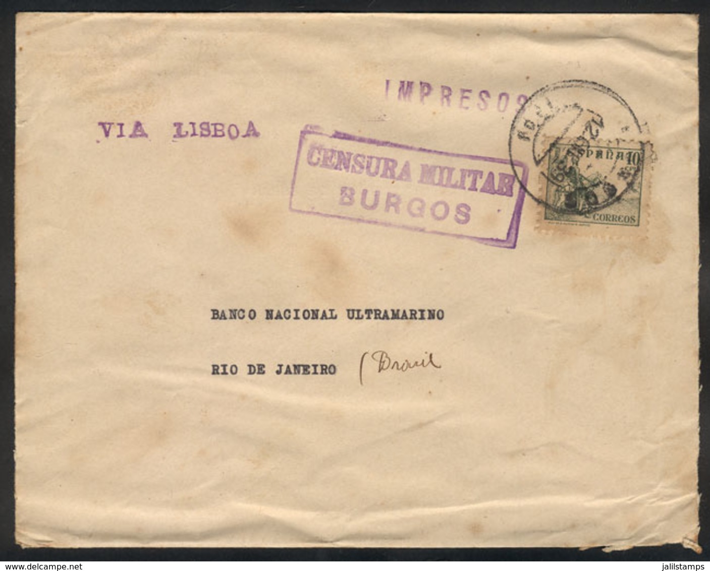 SPAIN: Cover (with Printed Matter) Sent From Burgos To Rio De Janeiro On 12/JA/1939 Franked With 10c. Censored, Very Nic - Sonstige & Ohne Zuordnung