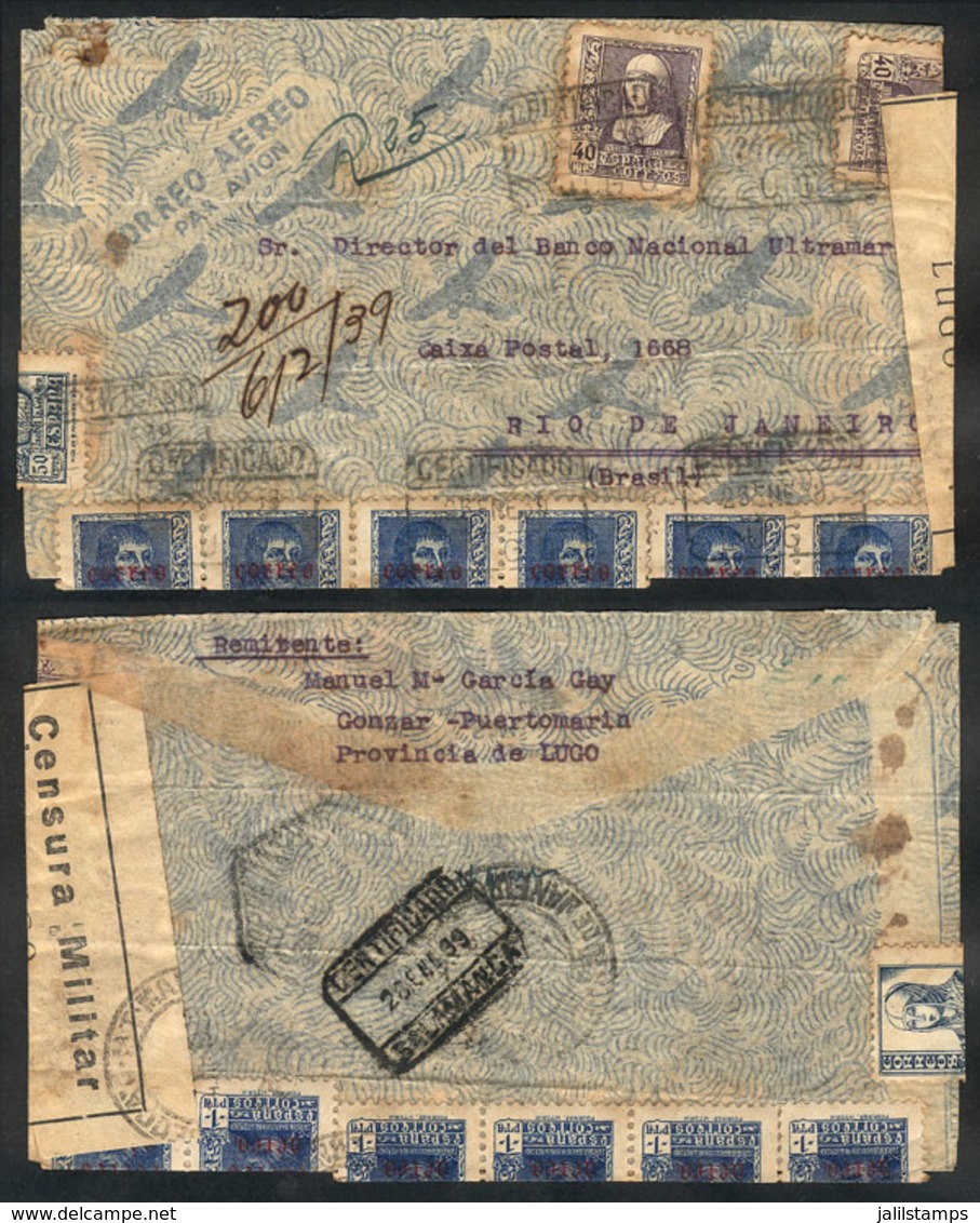 SPAIN: Registered Airmail Cover Sent From Lugo To Rio De Janeiro On 26/JA/1939 With Nice Postage And Interesting Censor  - Sonstige & Ohne Zuordnung