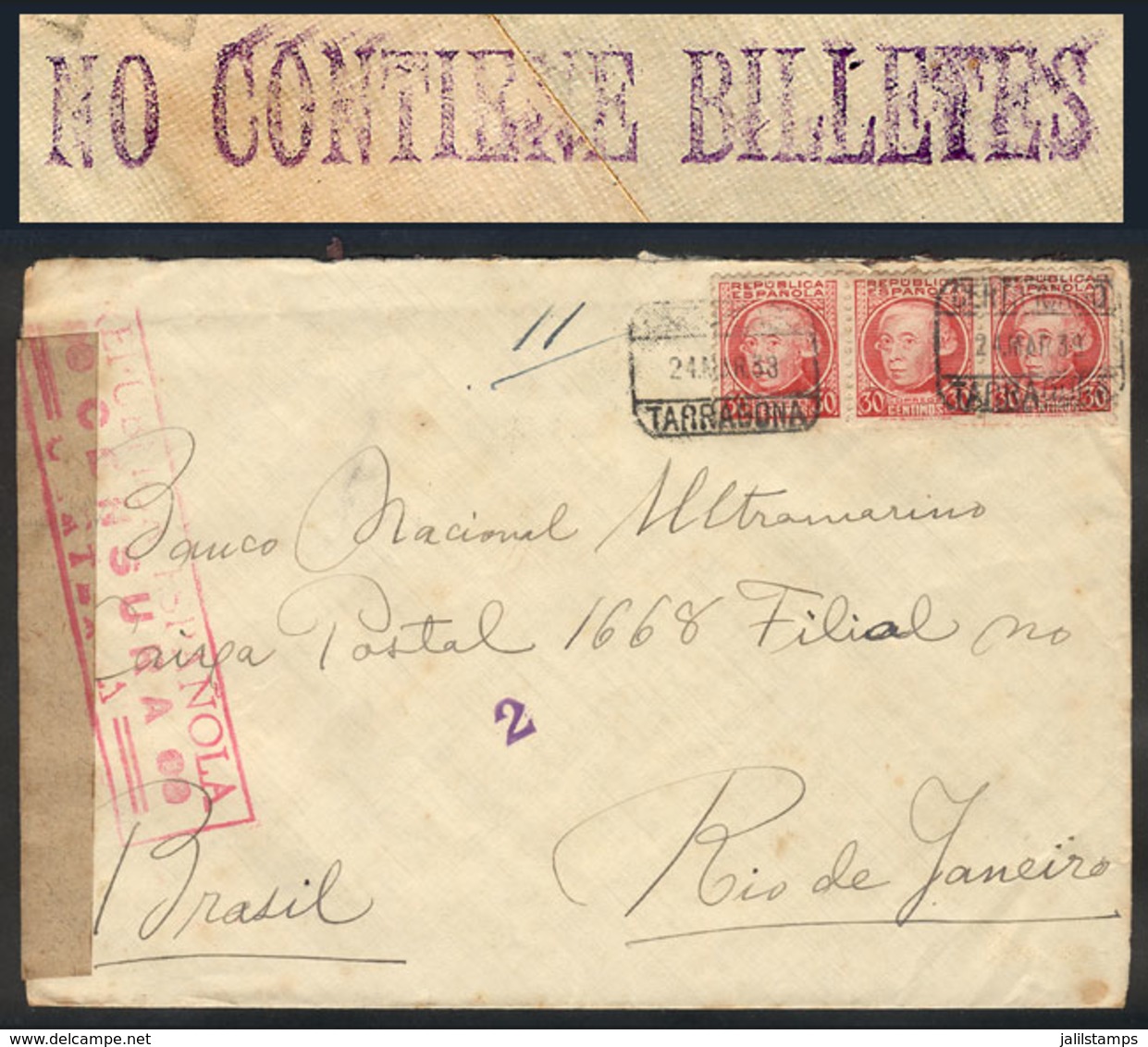 SPAIN: Registered Cover Sent From Tarragona To Rio De Janeiro On 24/MAR/1938, Censored, And On Back Violet Handstamp "NO - Sonstige & Ohne Zuordnung
