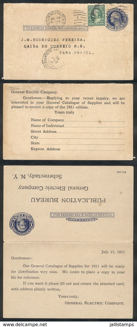 UNITED STATES: Postal Card With Paid Reply (unused, Still Attached) Sent From Schenectady (NY) To Brazil On 29/JUL/1911, - Otros & Sin Clasificación